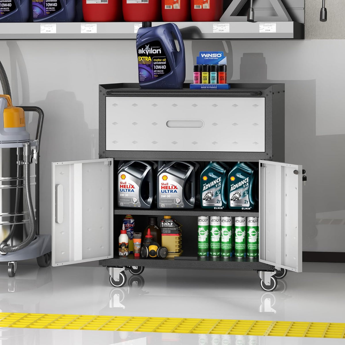 Metal Storage Cabinet with Wheels, Rolling Tool Cabinet with Adjustable Shelve, Locking Garage