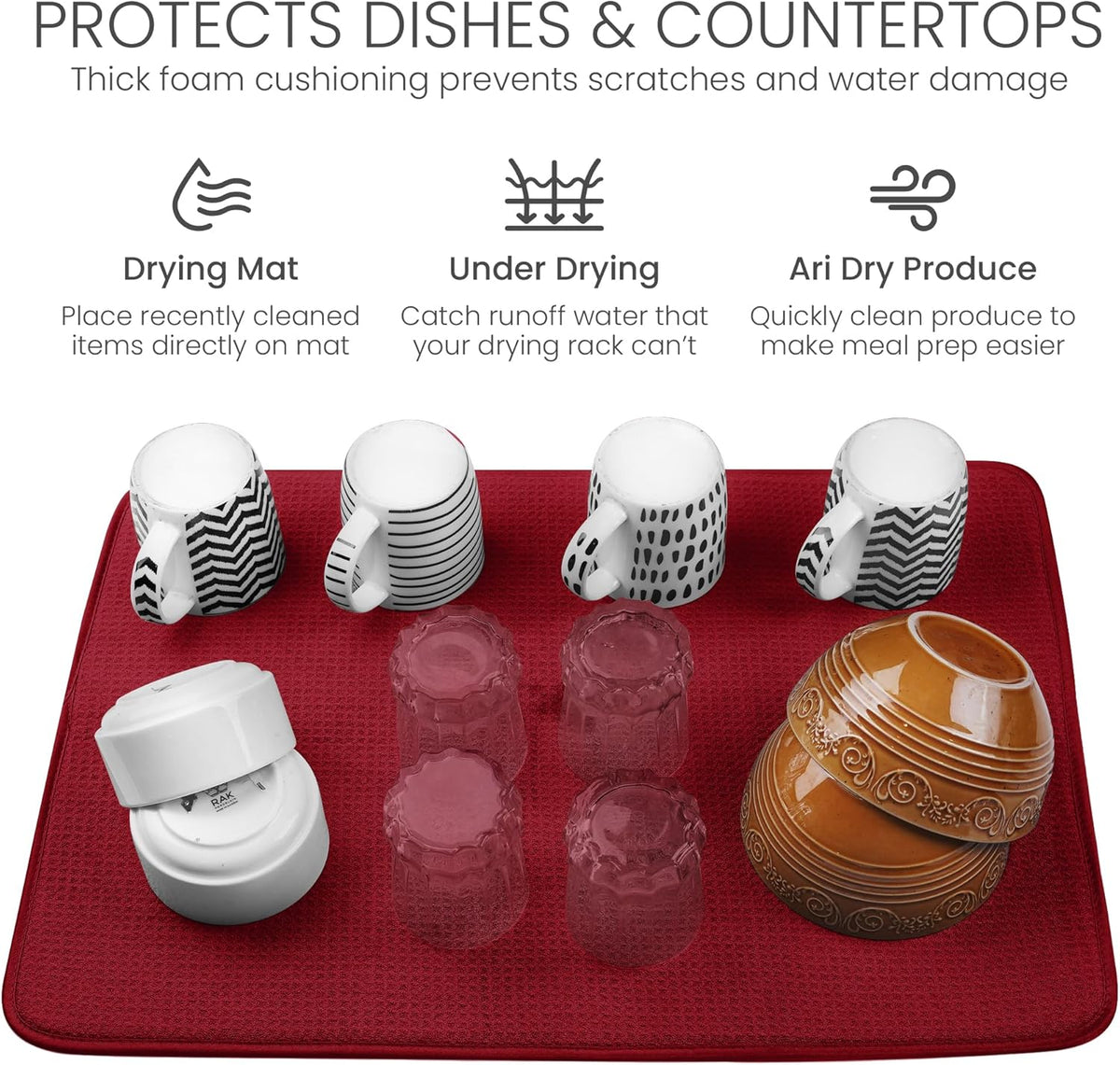 Bellemain XXL Dish Mat 24" x 17" ( LARGEST MAT ) Microfiber Dish Drying Mat , Super absorbent ( Red