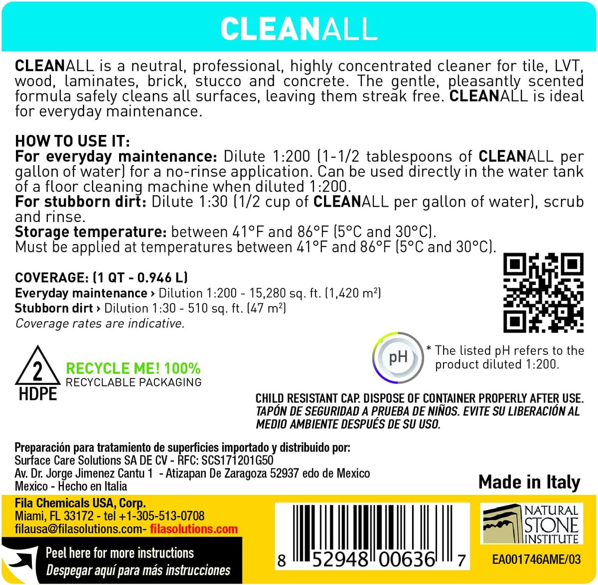 FILA Surface Care Solutions, CLEANALL, Neutral All Purpose Cleaner, Highly Concentrated - Up to 40