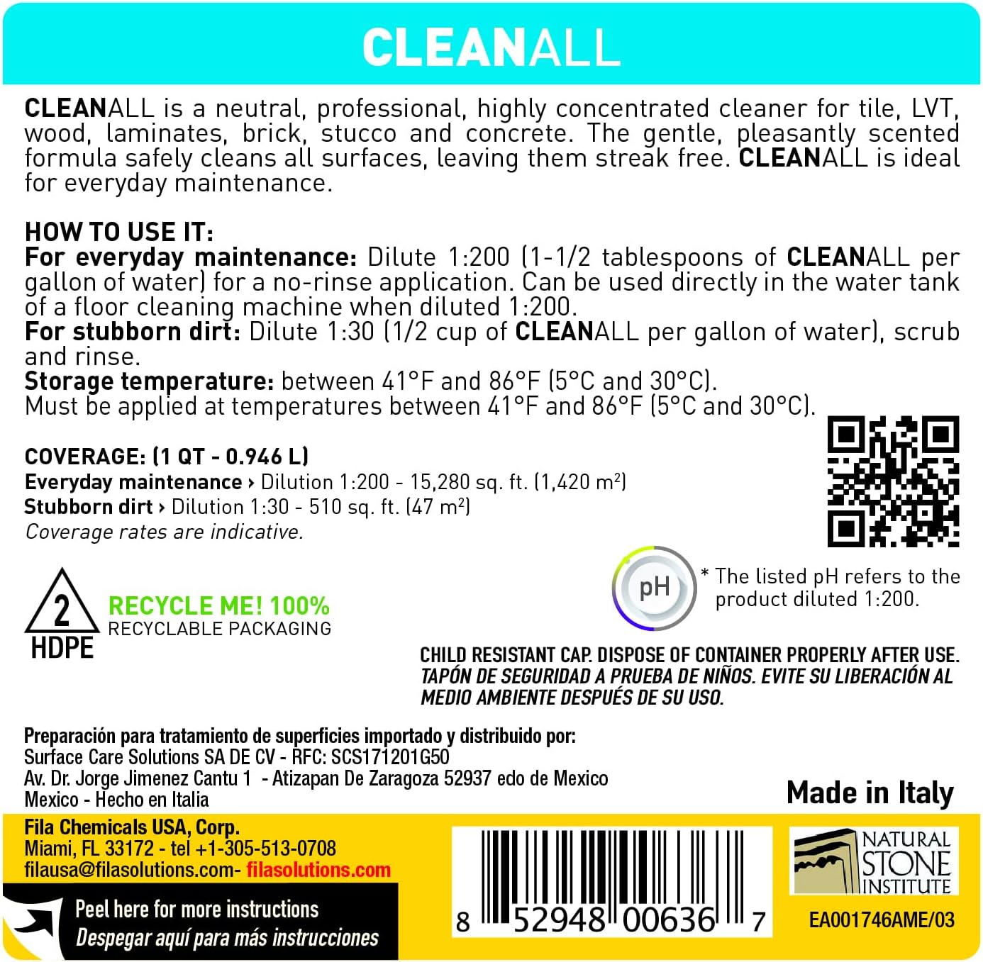 FILA Surface Care Solutions, CLEANALL, Neutral All Purpose Cleaner, Highly Concentrated - Up to 40