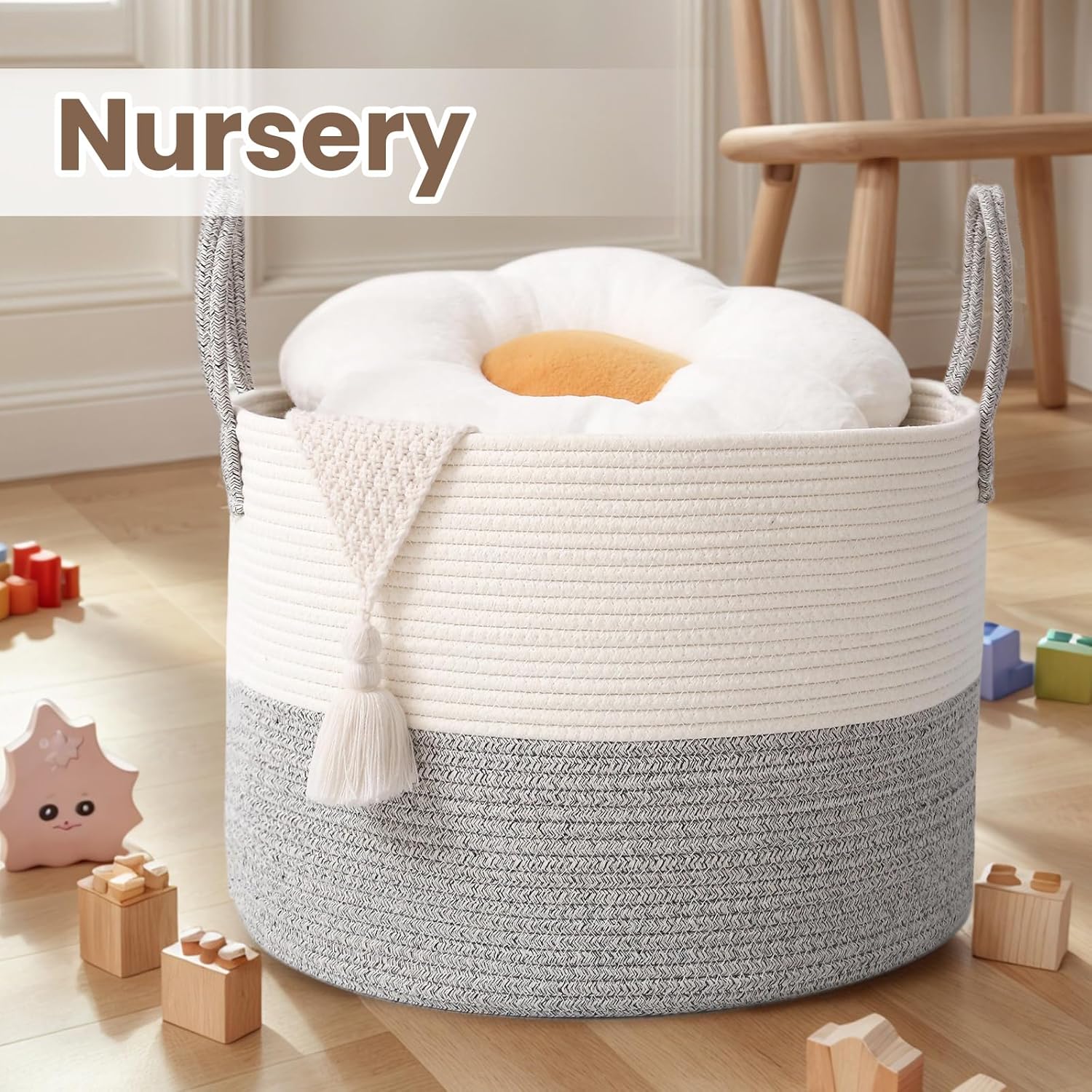 Woven Blanket Basket,115L Large Rope Storage Bin with Handles, Organizer for Blankets Toys Book and
