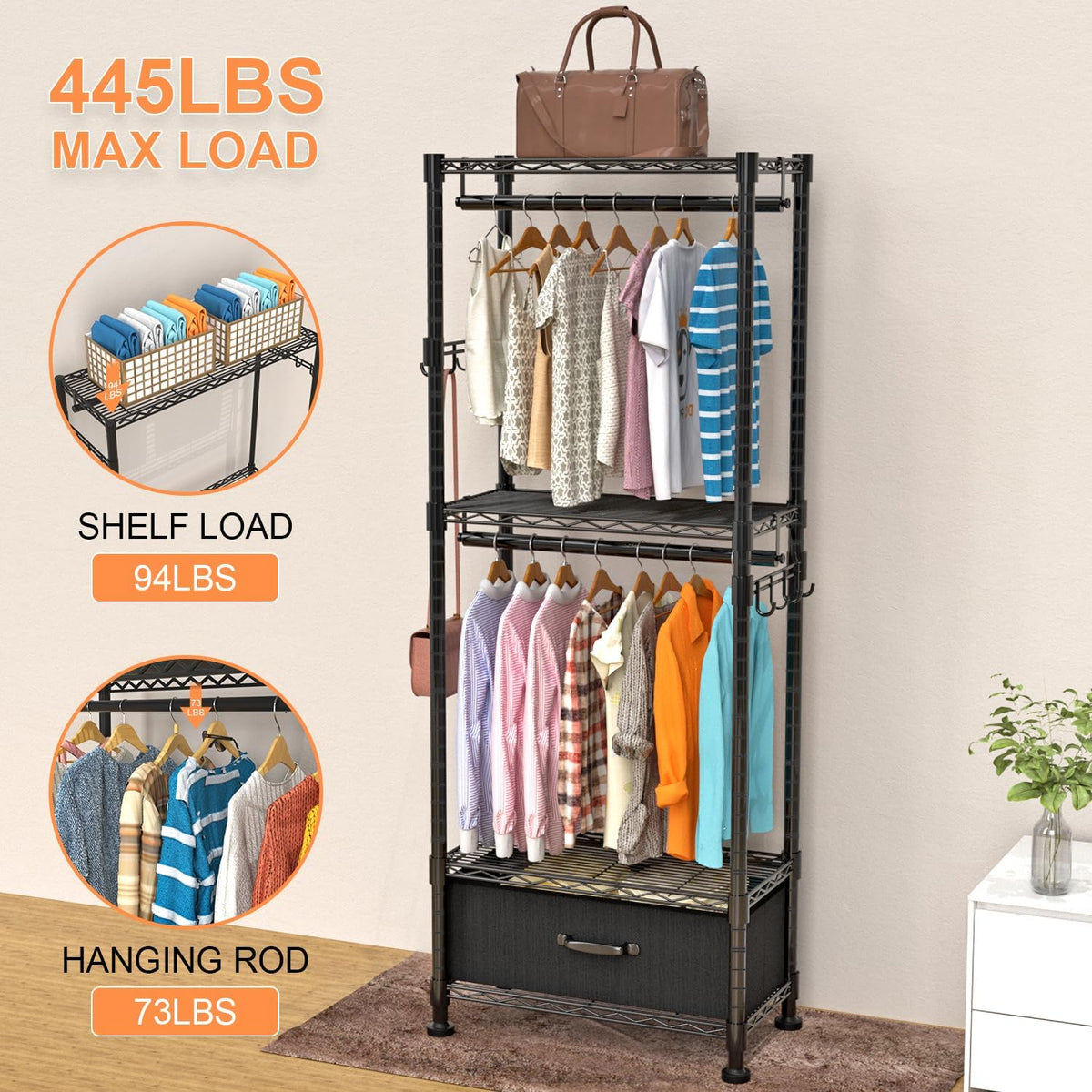Clothes Rack, Clothing Rack for Hanging Clothes, 4 Tiers Adjustable Closet Organizer System with