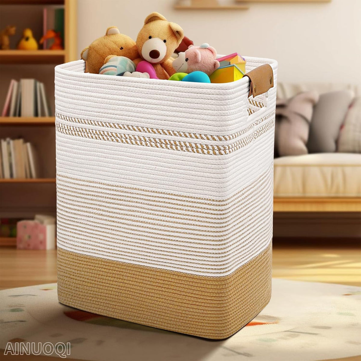 Laundry Hamper Large Laundry Basket with Leather Handles, Decorative Storage Cotton Rope Woven