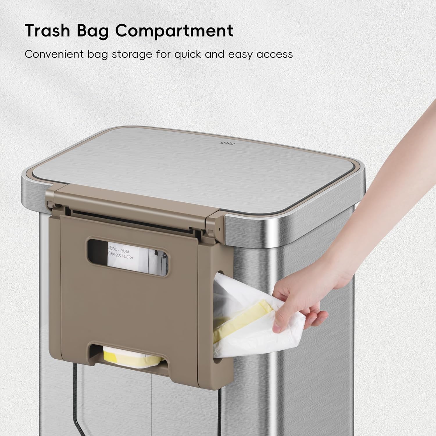 EKO Hudson Matte Stainless 50 Liter/13.2 Gallon Step Trash Can with Rear Trash Bag Storage