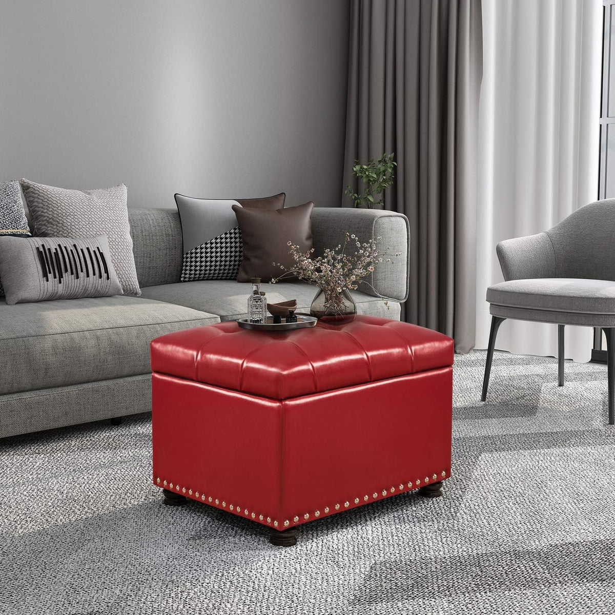 24'' Leather Storage Ottoman Rectangular Foot Rest Stool with Nailhead Trim for Bedroom Living