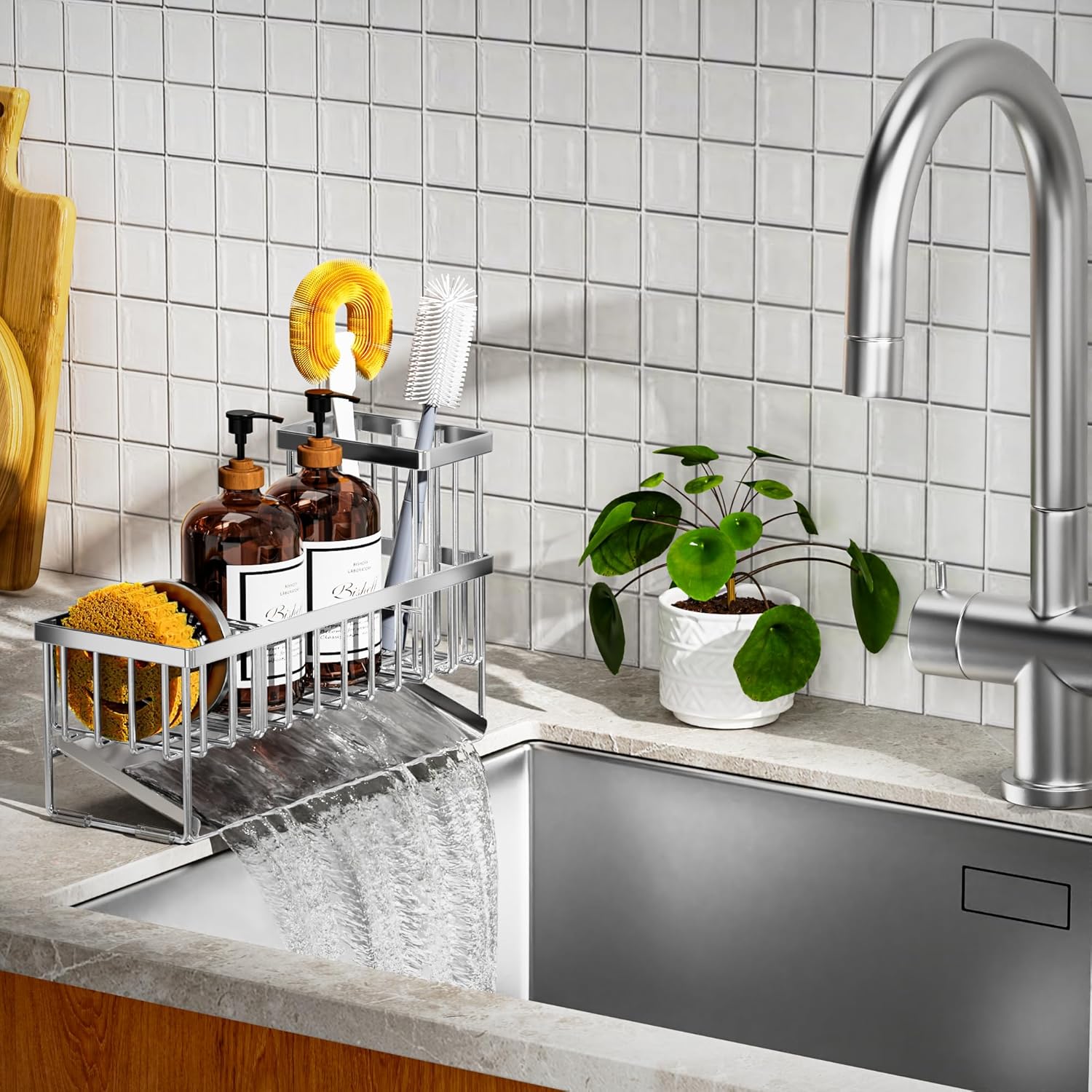 Cisily Extra Large Silver Kitchen Sink Caddy Organzier with High Brush Holder, Sponge Holder for
