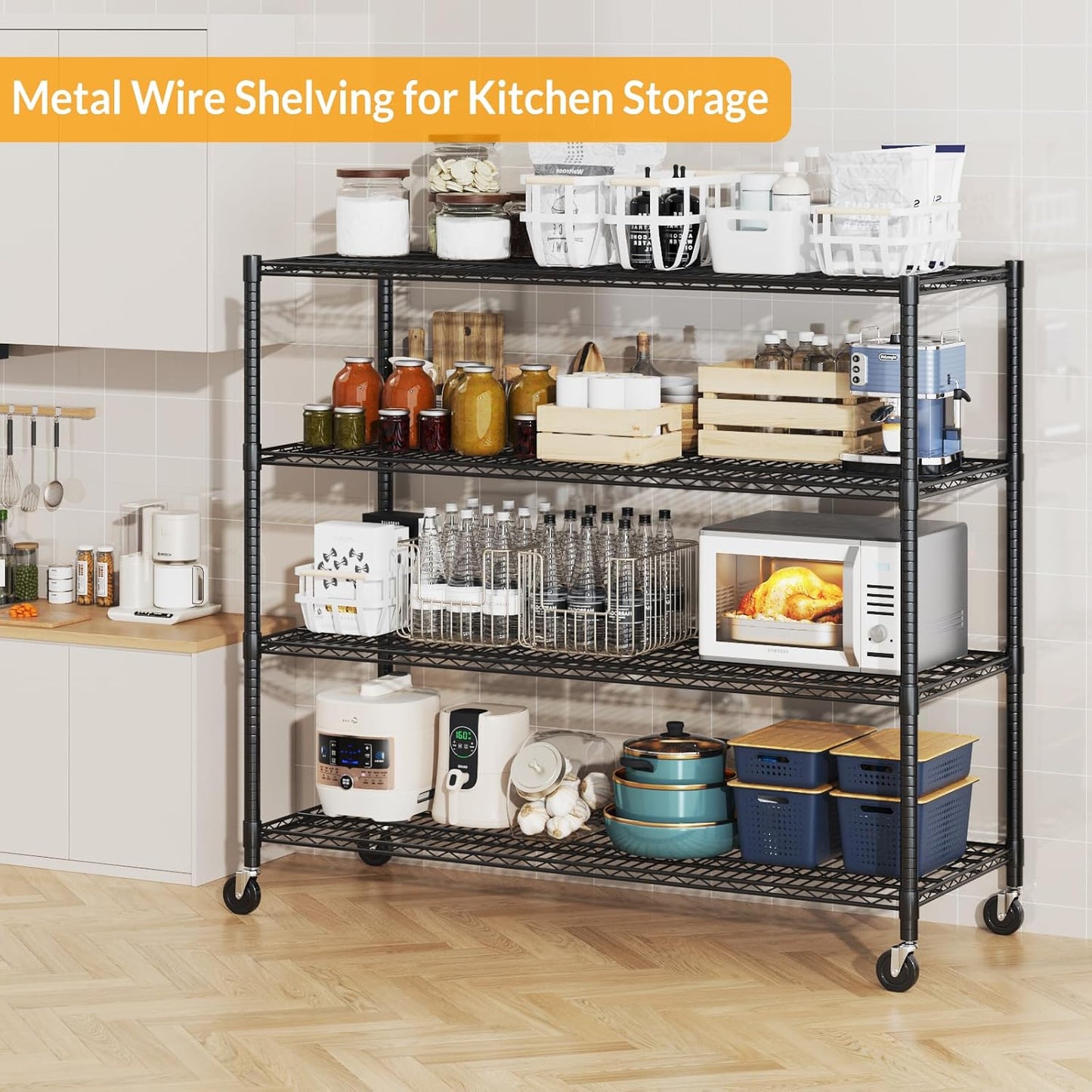 Himimi Storage Shelves with Wheels, 4-Tier Heavy Duty Steel Wire Rack Storage Shelving, Adjustable