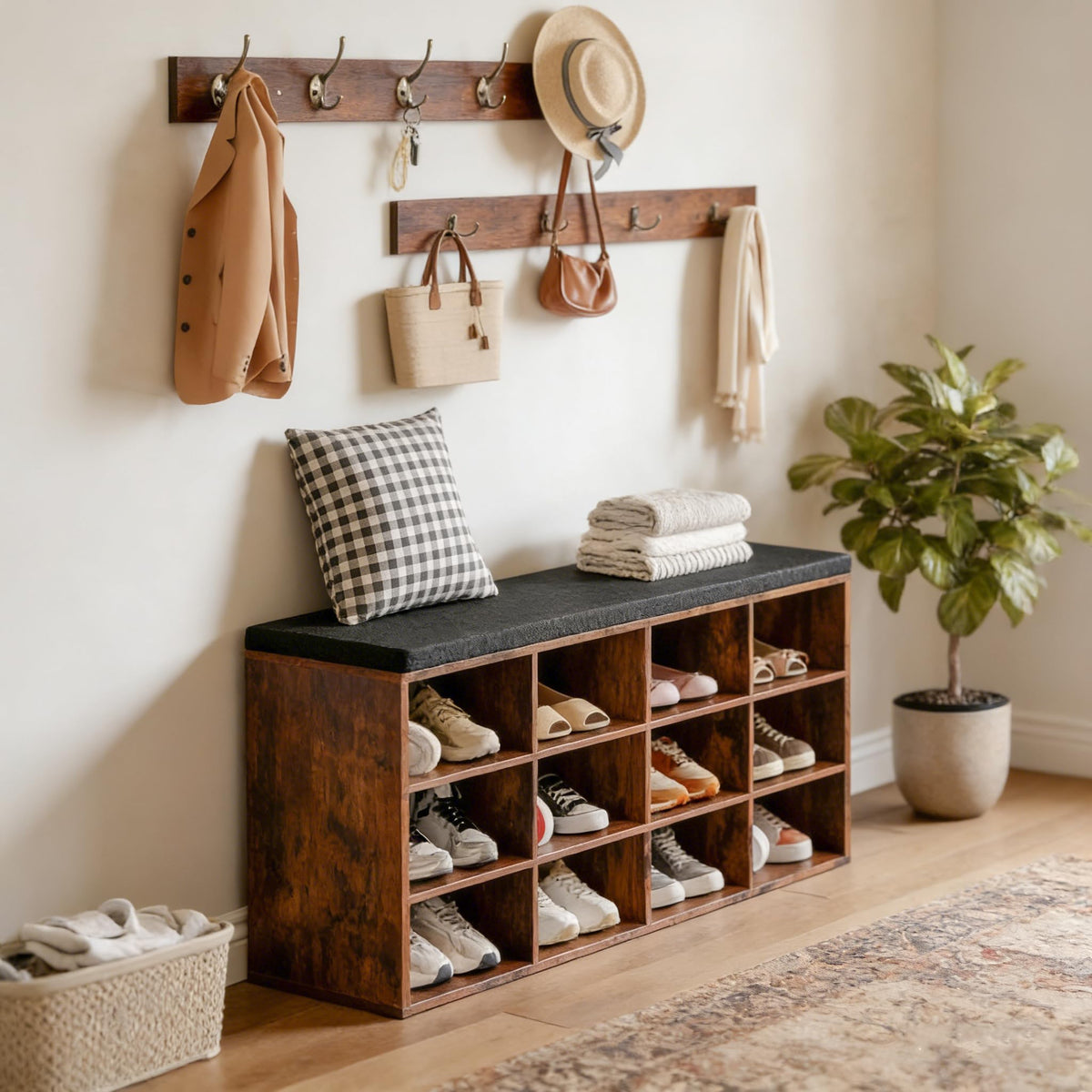 HOOBRO Shoe Storage Bench with Cushion, 39.4" L Entryway Bench with 12 Cubbies, Entryway Hall Tree