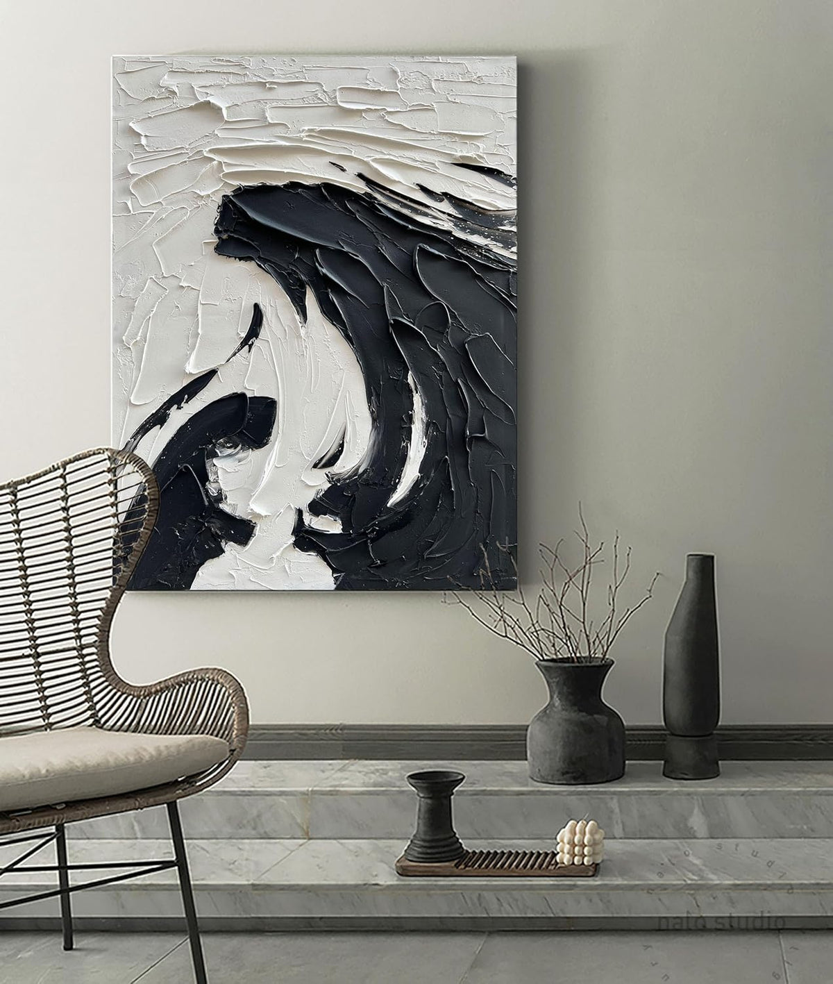 NANKAI 40x28 inch Minimalist Black and White Abstract Painting 100% Hand-Painted Modern Wall Deco