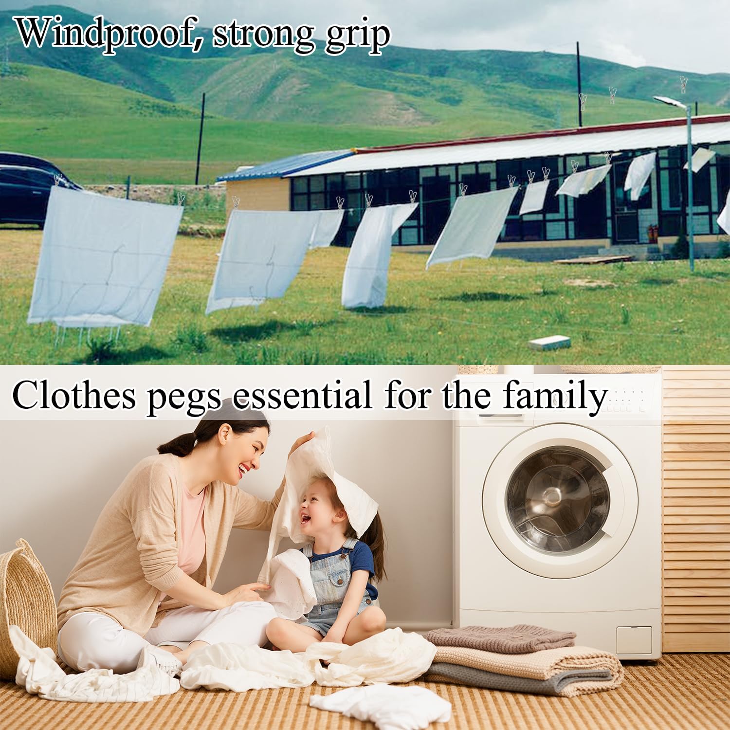 Laundry Clothes Pins Clips 50 Pack, Stainless Steel Heavy Duty Laundry Peg Metal Clip Clothespins