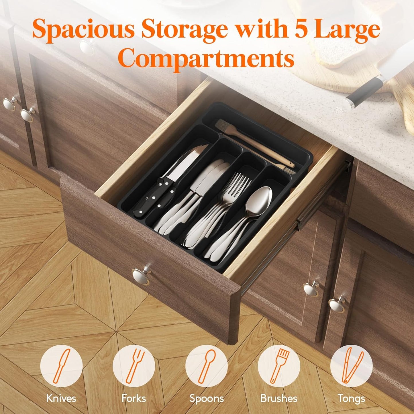 Lifewit Silverware Drawer Organizer Tray, Plastic Cutlery Storage for Kitchen Drawer, Flatware and
