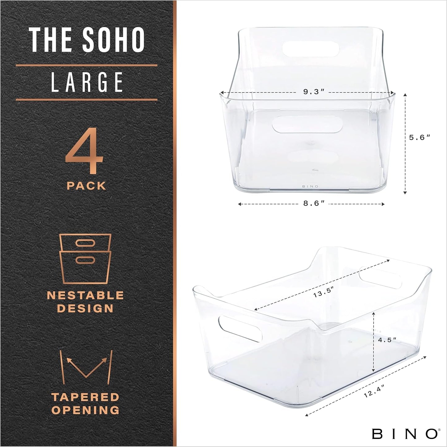 BINO | Plastic Organizer Bins, Large - 4 Pack | The SOHO Collection | Multi-Use | Pantry & Freezer