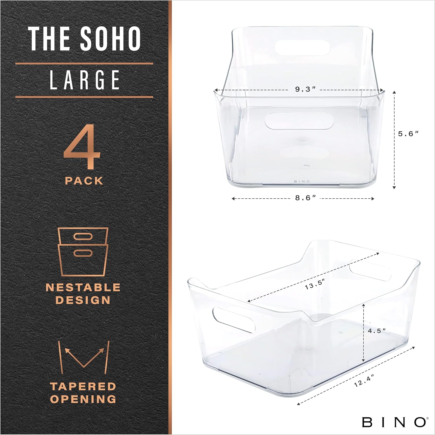BINO | Plastic Organizer Bins, Large - 4 Pack | The SOHO Collection | Multi-Use | Pantry & Freezer