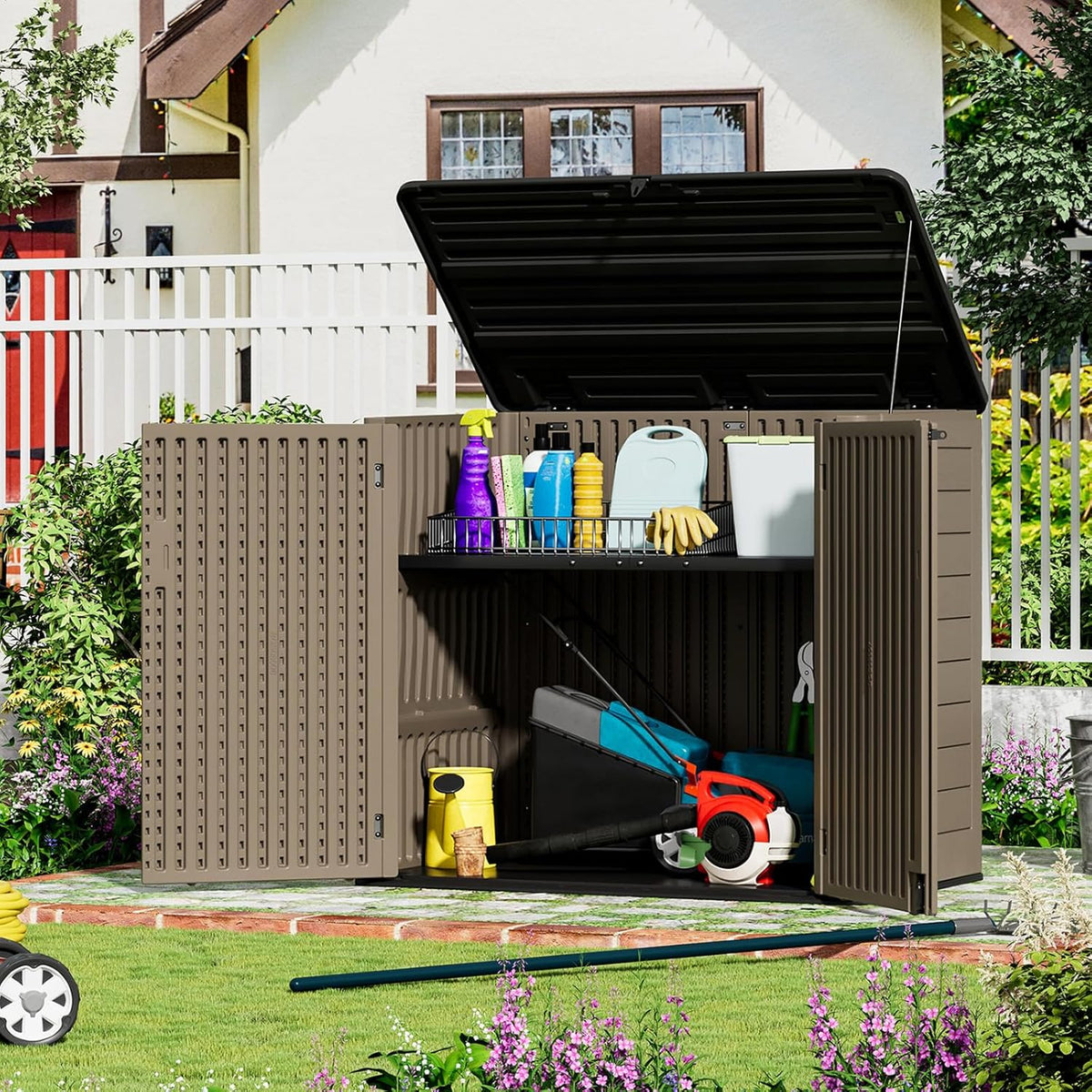 ZZM Large Outdoor Storage Shed, 48 Cu Ft Resin Versatile Storage Cabinet for Patio Accessories