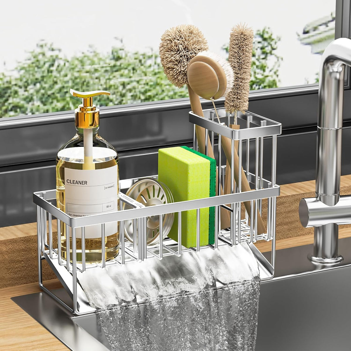 Cisily Sink Caddy Sponge Holder for Kitchen, 304 Stainless Steel Rustproof, Kitchen Sink Caddy with