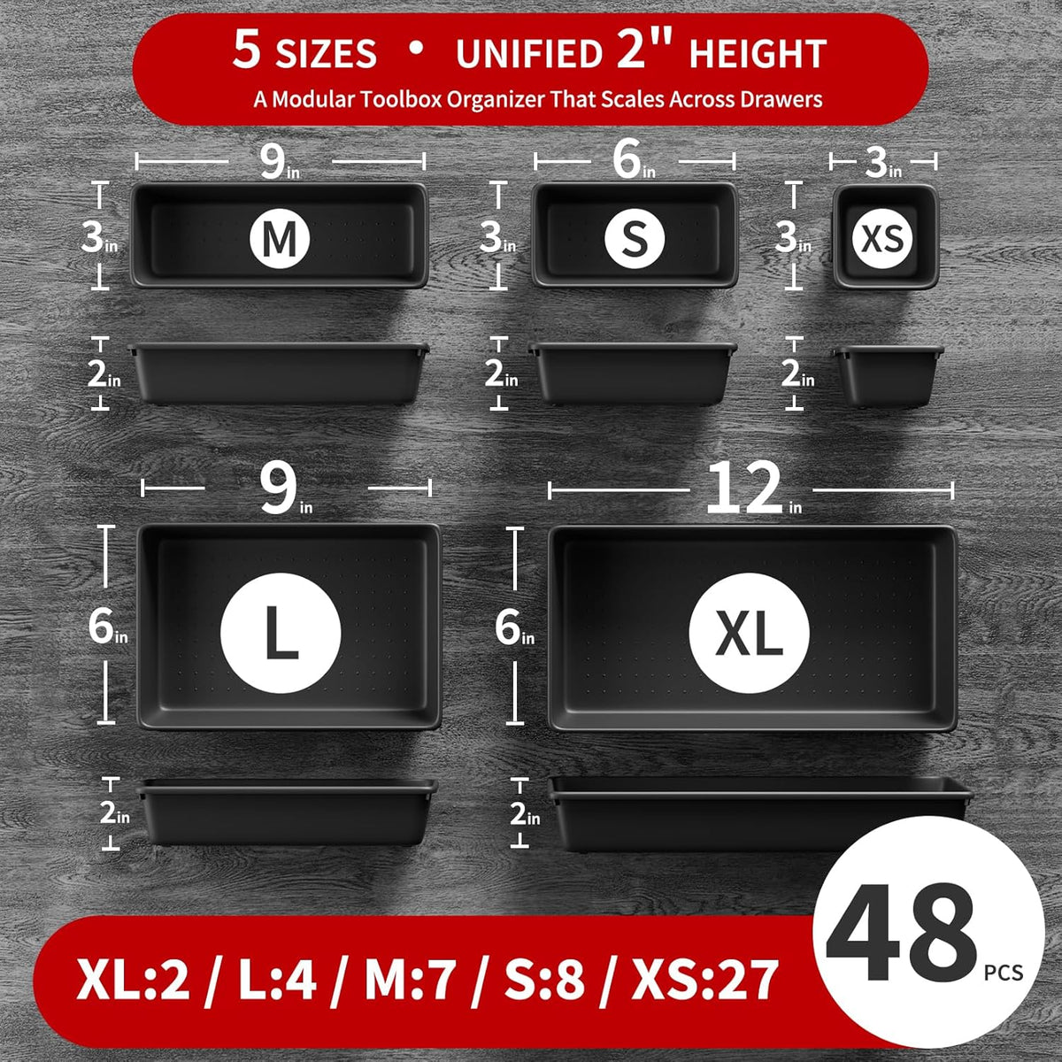 【48PCS & 5 Sizes】Tool Box Organizer Tray, Toolbox Drawer Organizer with Non-Slip Pads, Desk Drawer