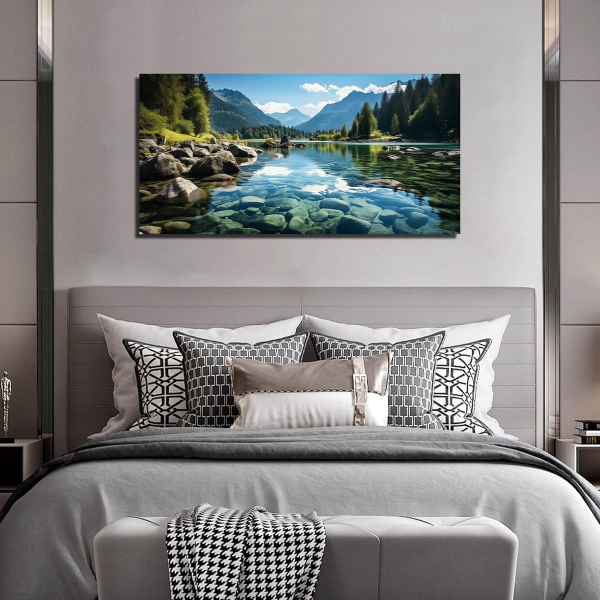 GUGIKA Landscape Wall Art for Living Room, Mountain and Lake Wall-Decor for Bedroom, Natural