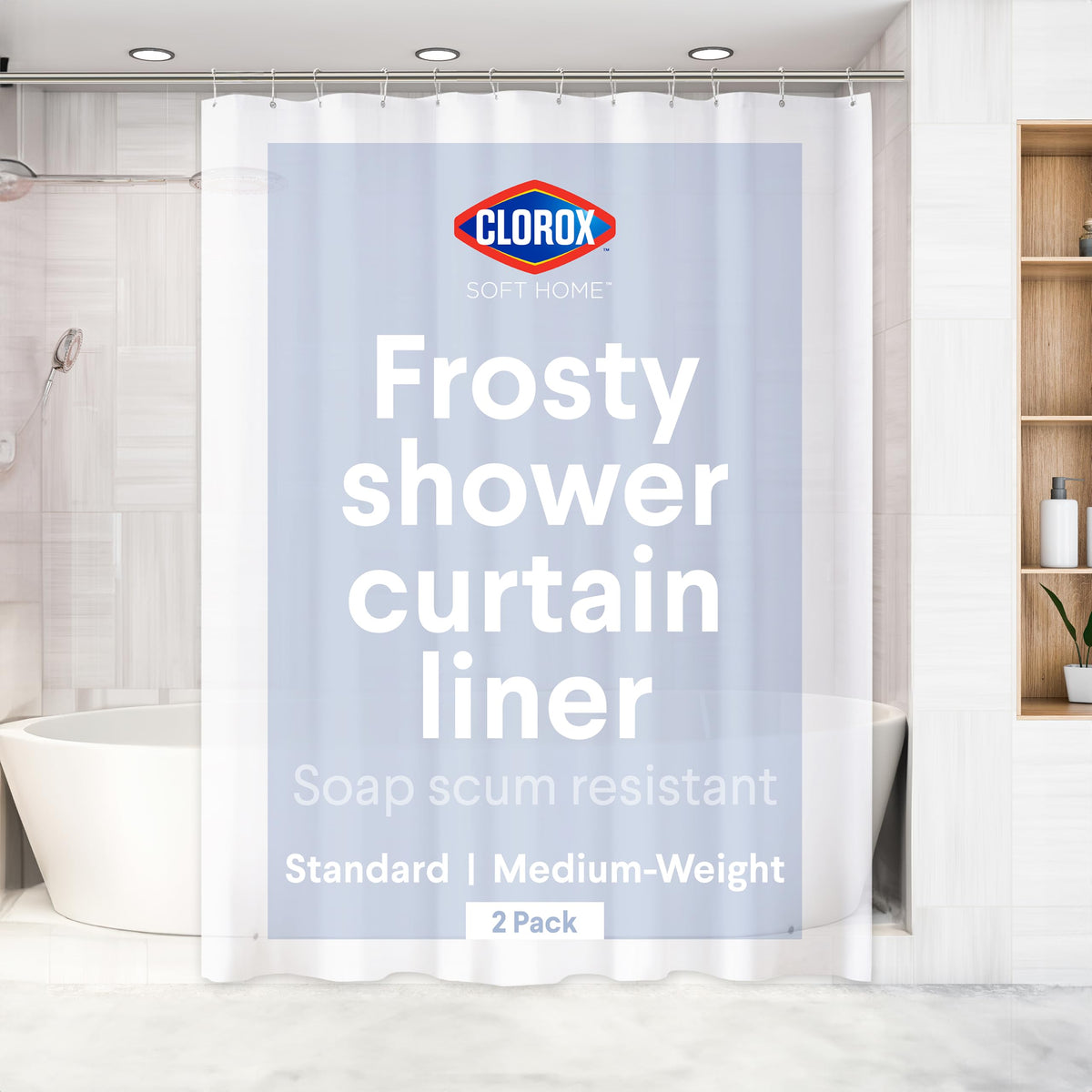 Clorox Shower Curtain Liner, Premium Medium-Weight Durable Waterproof 6g PEVA for Bathroom with