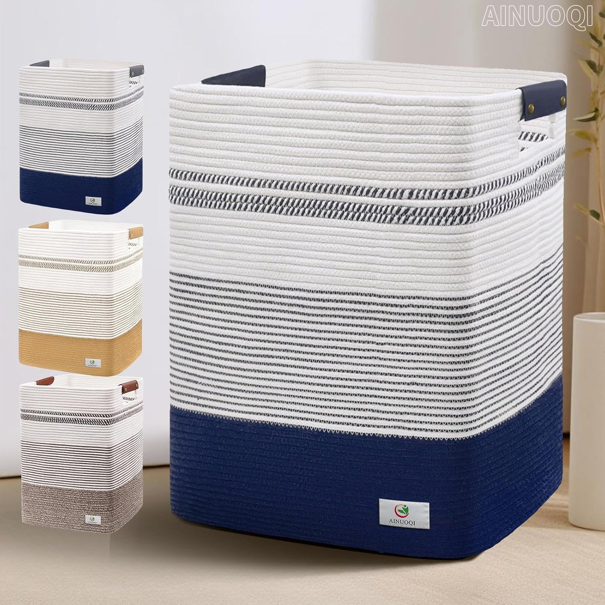 Large Laundry Basket - Tall Woven Rope Laundry Hamper with Leather Handles - Dirty Clothes hamper