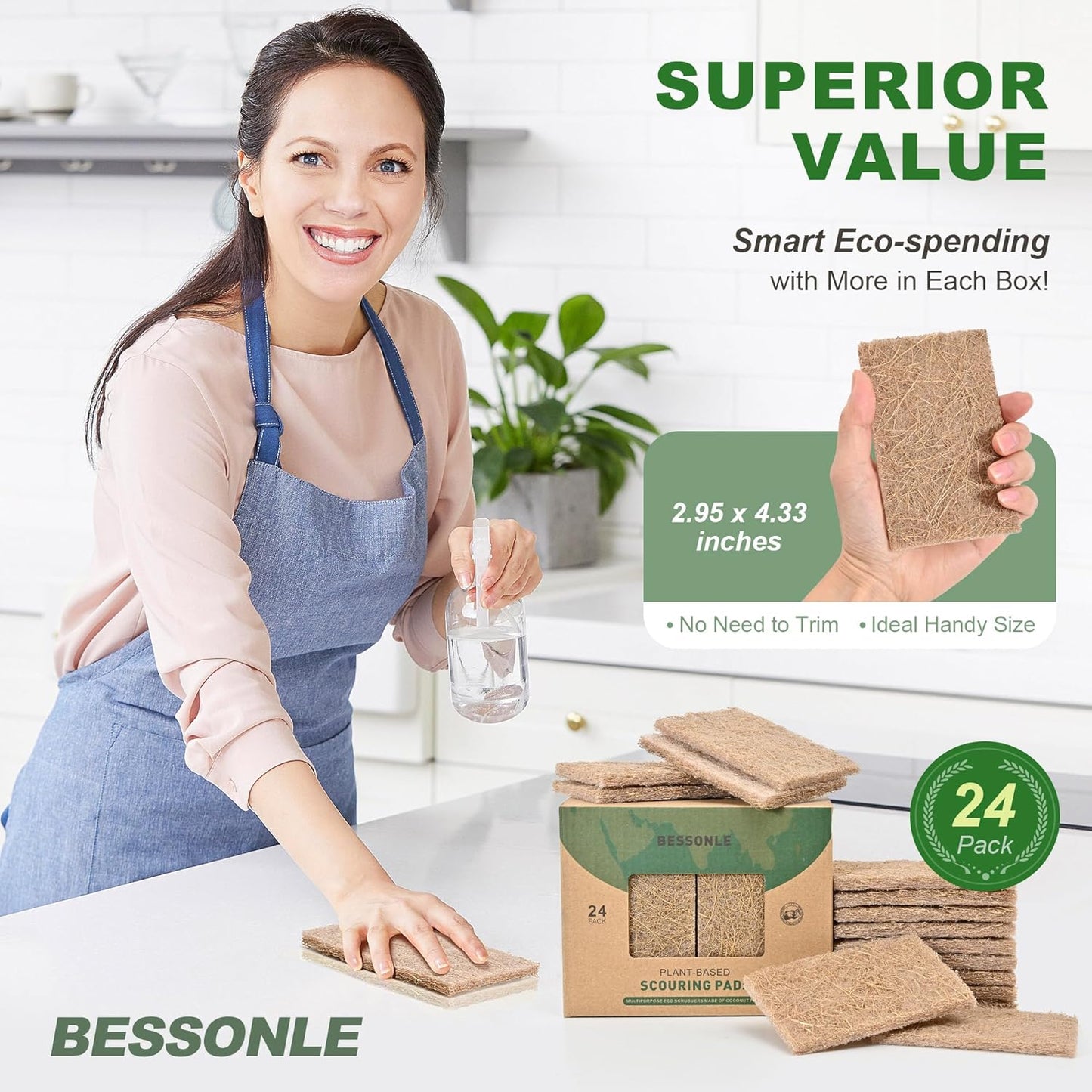 24 Pack Natural Scrub Kitchen Sponges - Coconut Husk Non Abrasive Scouring Pads - Multipurpose