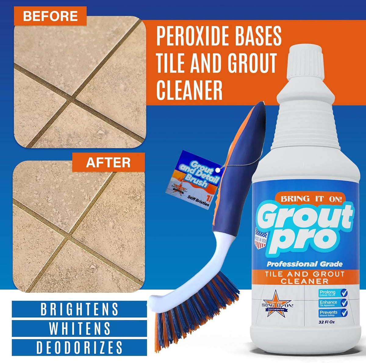 Bring It On Grout Cleaner Pro with Grout Cleaning Brush – 32Fl Oz Grout Cleaner for Shower Tile