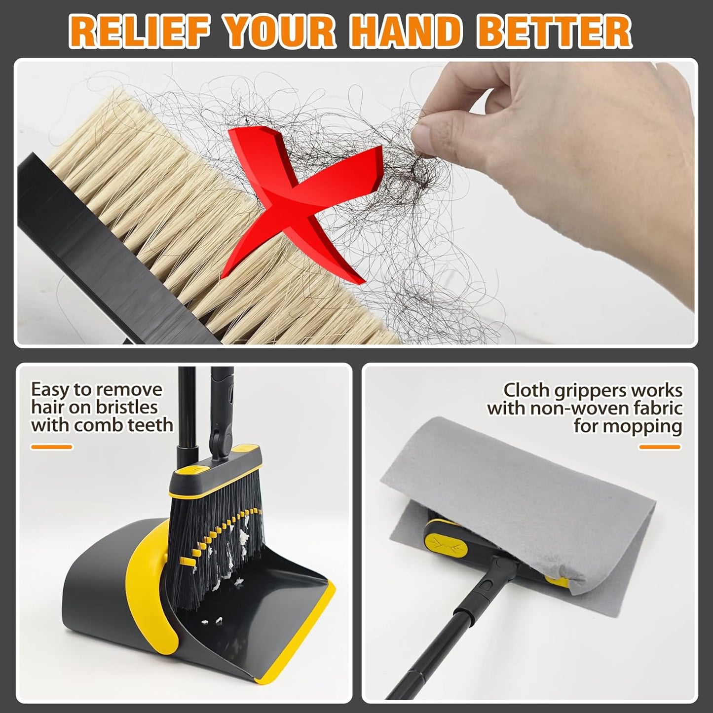 JEHONN Broom and Dust Pan, 54.3 inches Long Handle Swivel Brush, Upright Foldable Dustpan with Comb