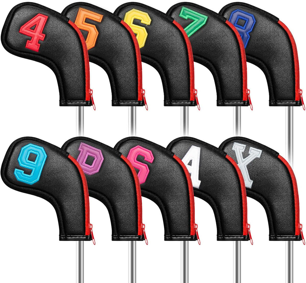 wosofe Golf Head Covers for Iron Headcover with Zipper Black Leather 10pcs Set Colorful Number