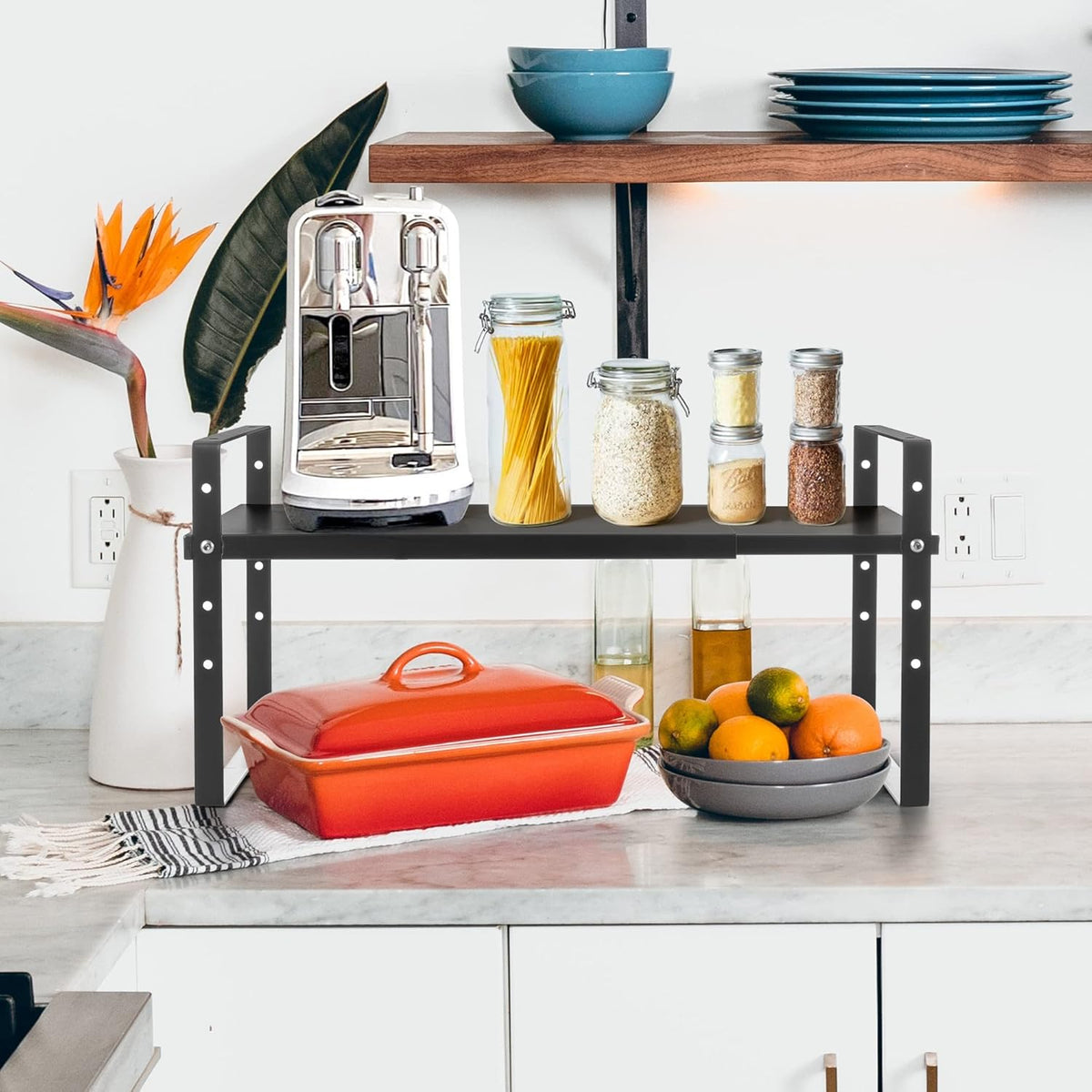Expandable Cabinet Shelf Organizer Rack, Stackable Kitchen Counter Storage Shelves Stand