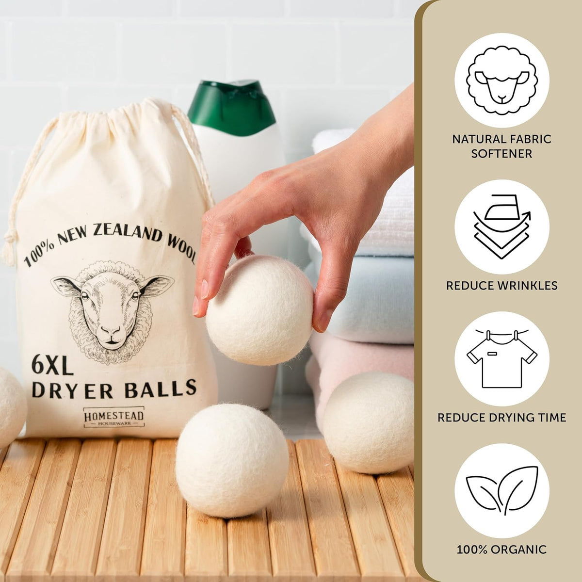 XL Wool Dryer Balls 6-Pack – 100% New Zealand Wool, Natural Fabric Softener & Static Reducer