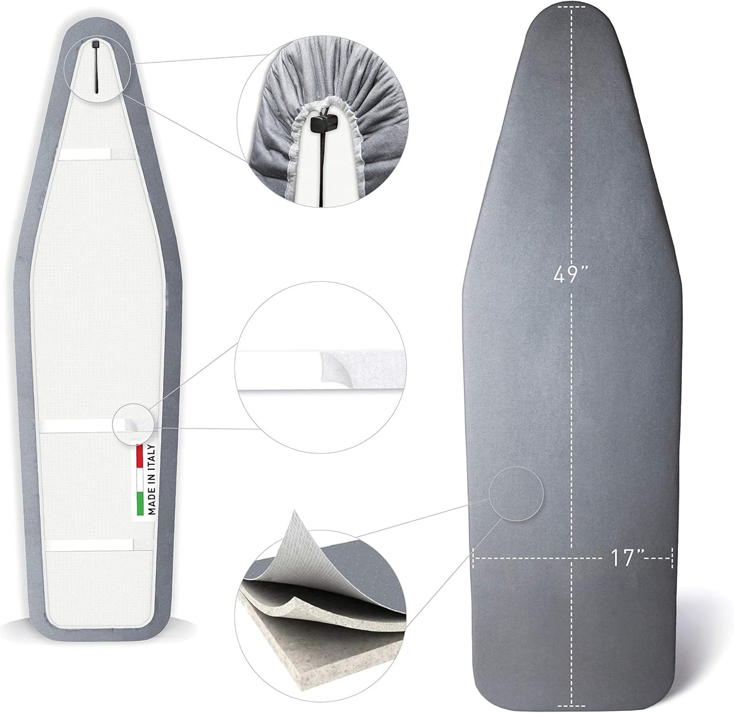 TIVIT Ironing Board Cover 17 x 49, Made in Italy. Pro Grip Pad Covers w/3 Fastener Straps & Pull