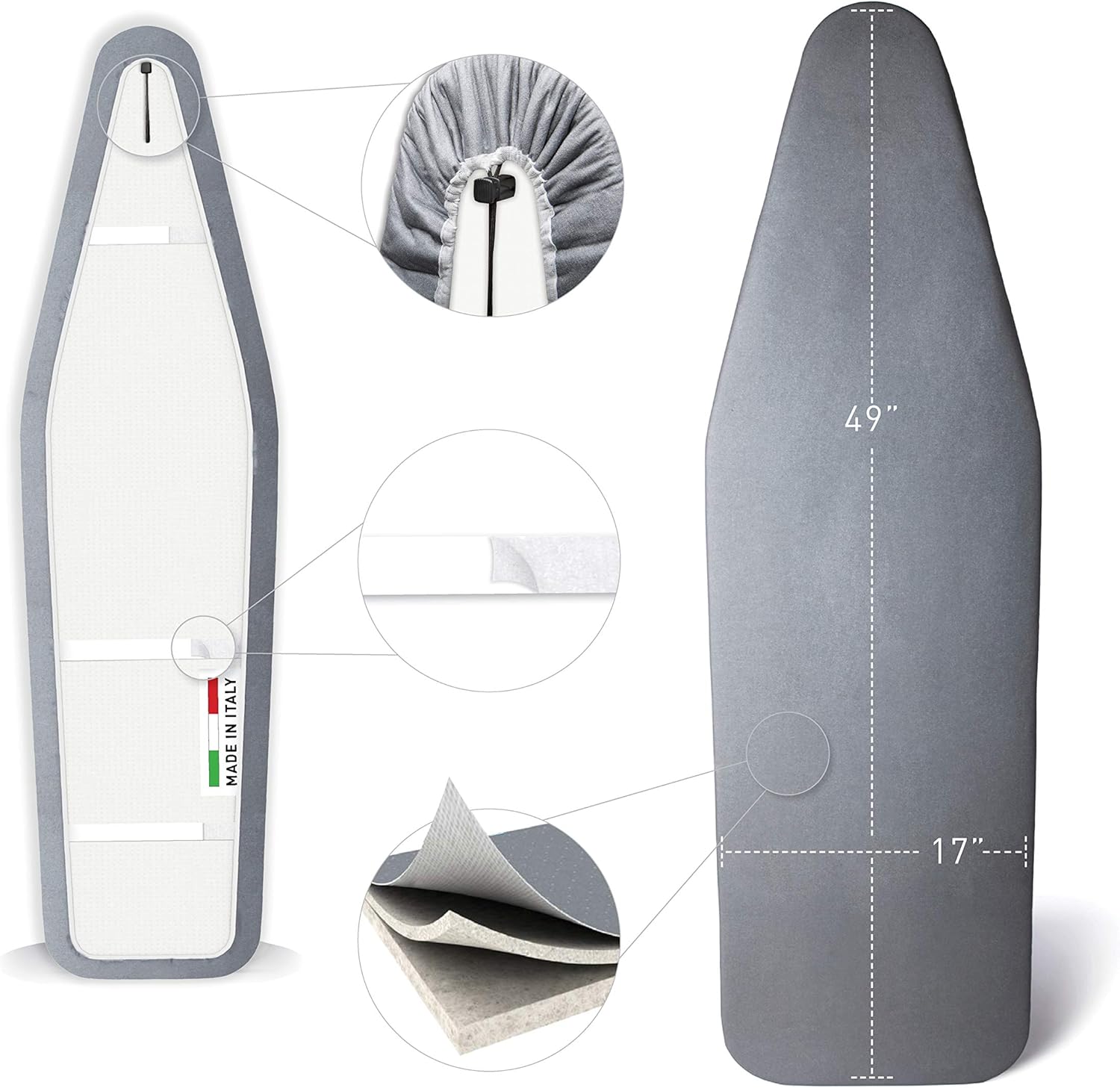 TIVIT Ironing Board Cover 17 x 49, Made in Italy. Pro Grip Pad Covers w/3 Fastener Straps & Pull