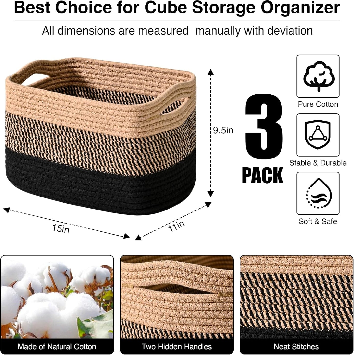 Storage Baskets for Organizing Shelves, Decorative Baskets for Storage, Woven Cotton Rope Basket