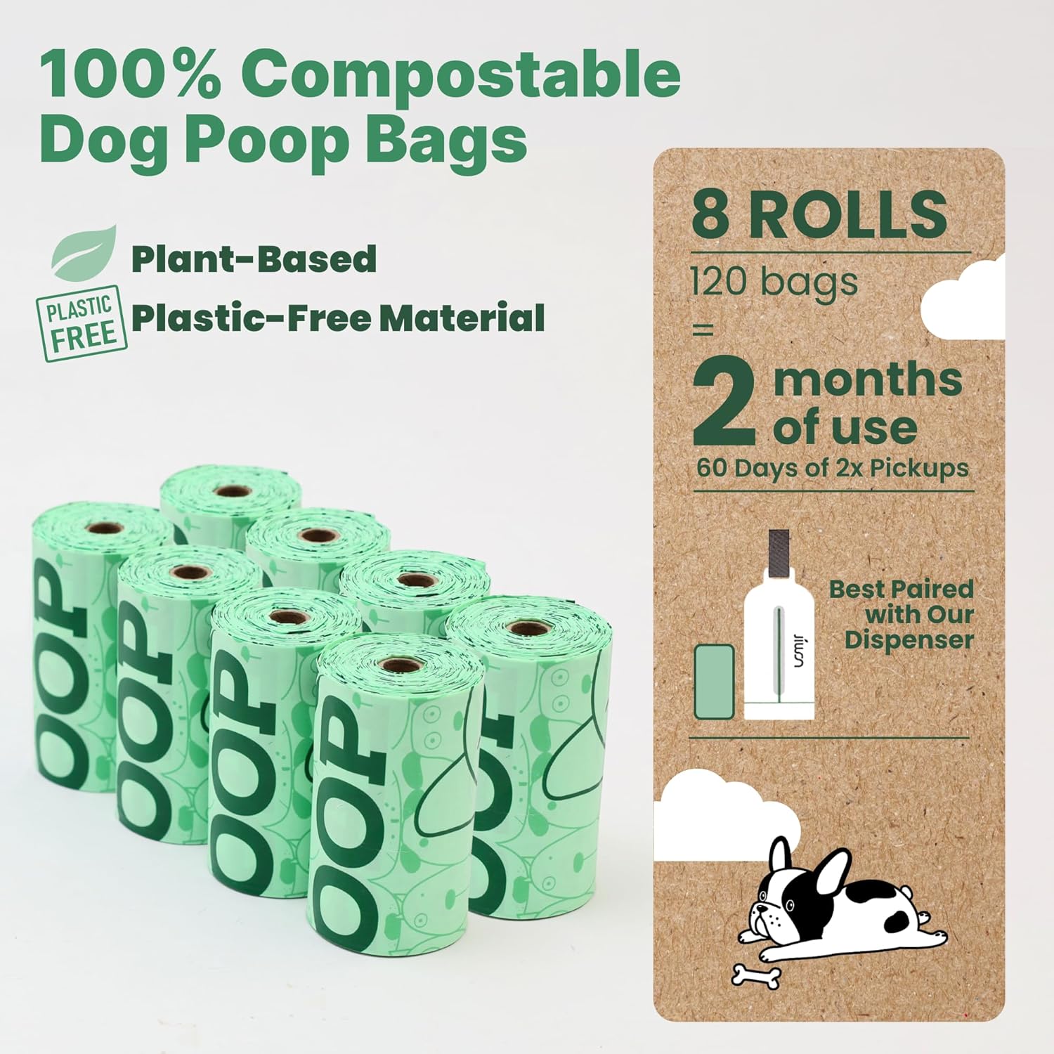 JIWON 100% Certified Home Compostable Dog Poop Bags, 120 Count (8 Rolls), 9"x13", OK Compost &