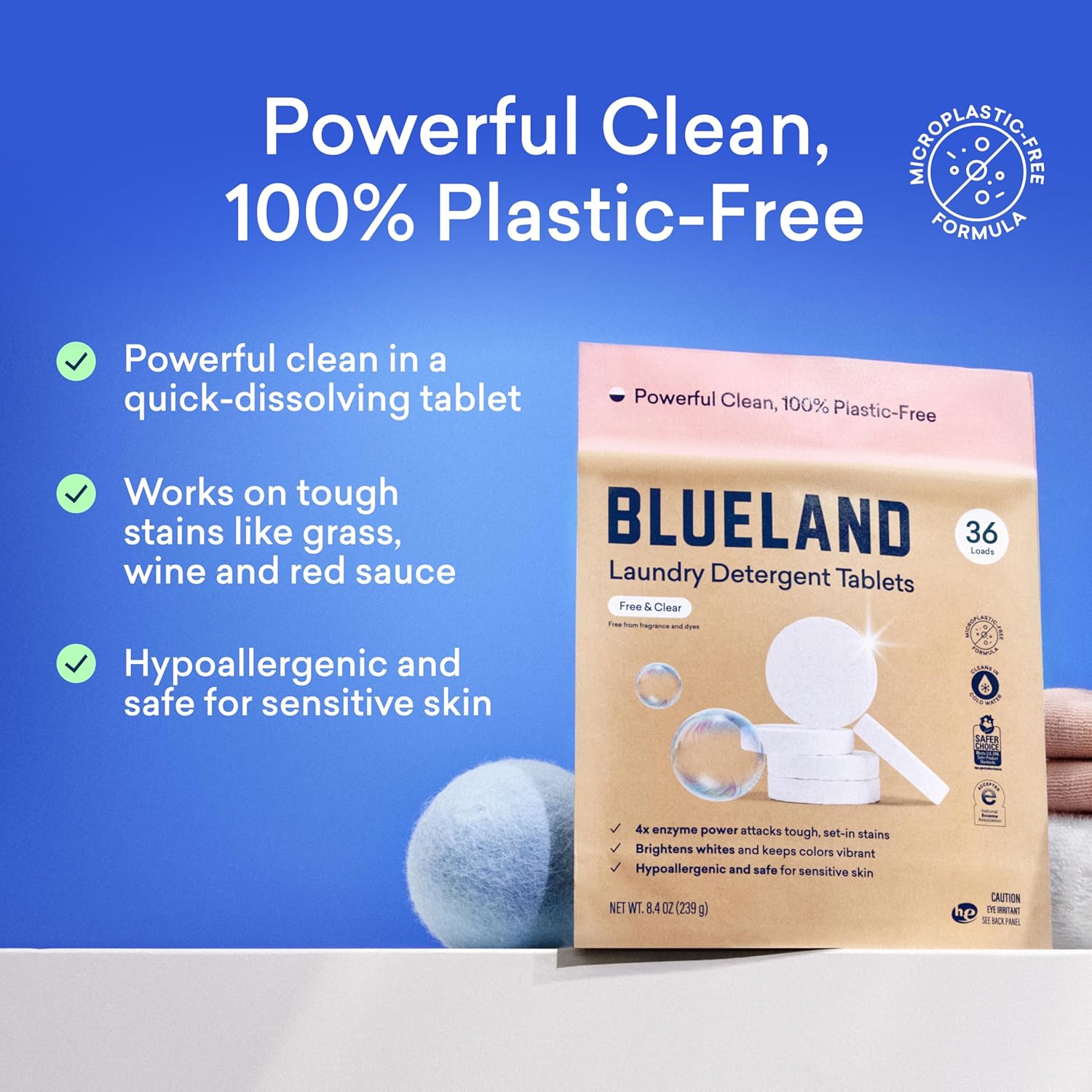 BLUELAND Laundry Detergent Tablets, 120 Count, Plastic-Free Eco-Friendly Pods, Sheets, Liquid