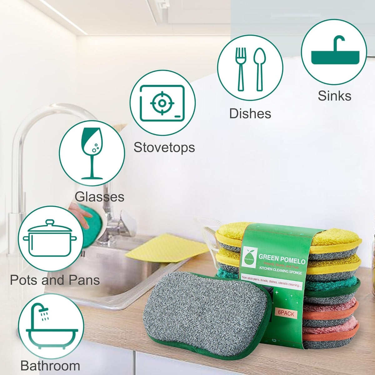 Multipurpose Sponges Kitchen,6 Pack Reusable Non-Scratch Scrub Sponge,Rough Scrubbers Side for Pots