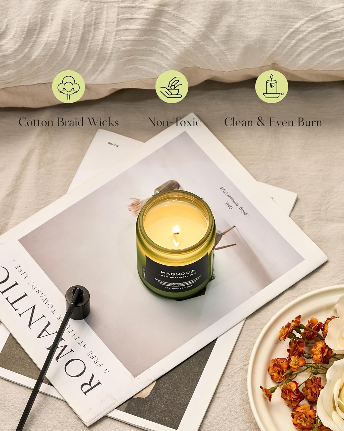 M&SENSE Magnolia Jasmine Scented Candle, 7.05oz 50 Hours Long Lasting Clean Non Toxic All Natural