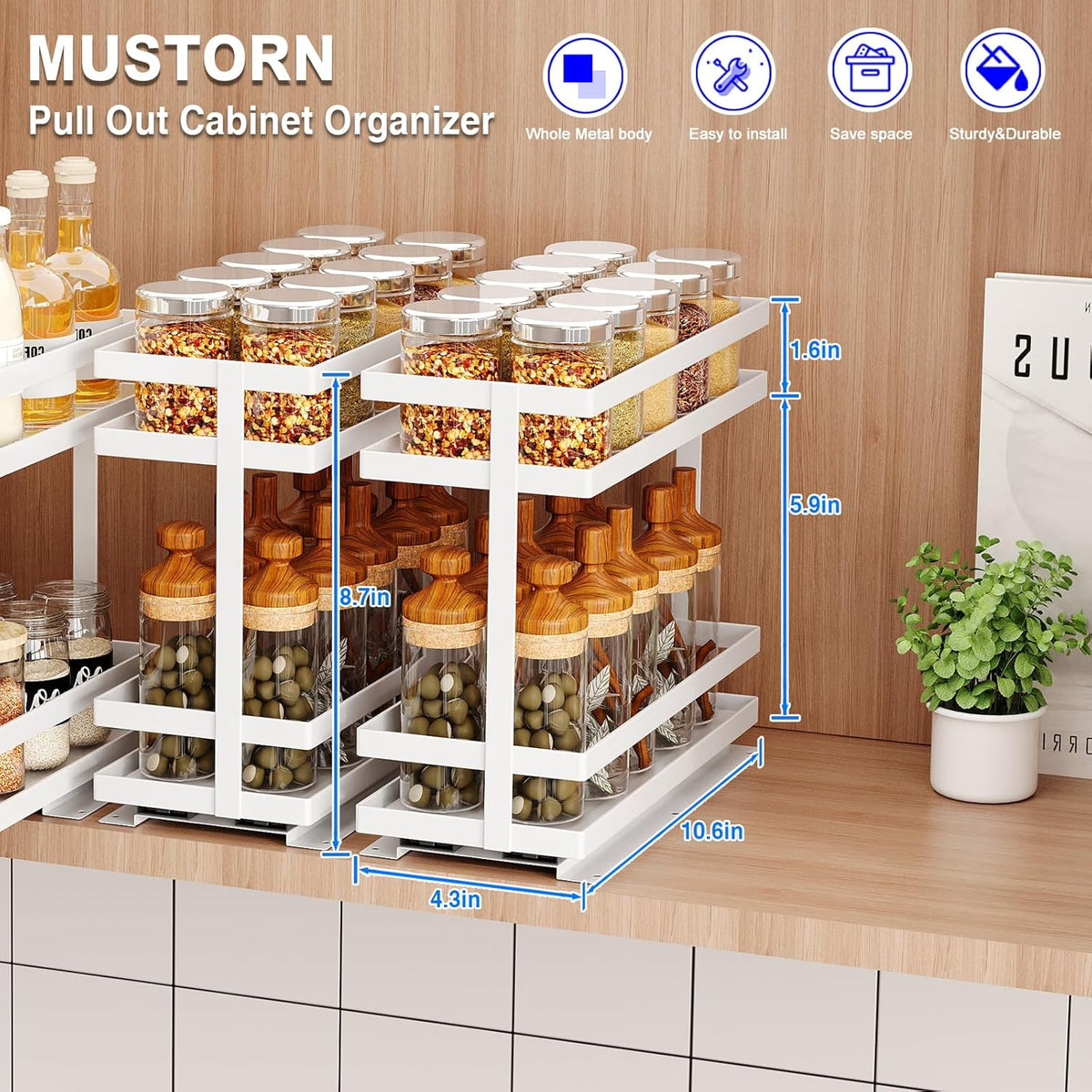 Pull Out Spice Rack Organizer for Cabinet, 2 Tier Metal Slide Out Seasoning Organizer and Storage