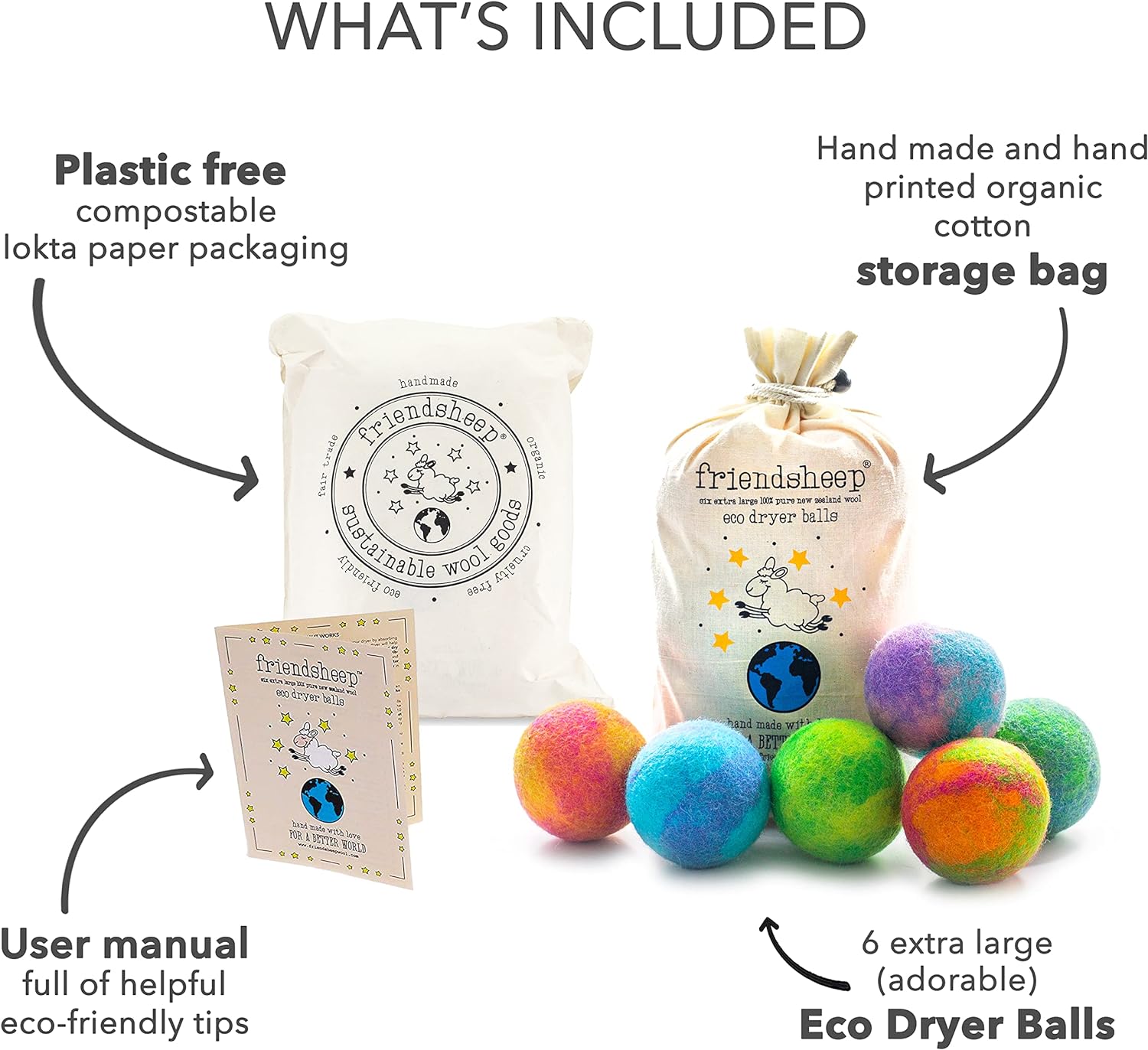 Friendsheep Wool Dryer Balls, Organic Reusable Fabric Softener Alternative for Laundry, Handmade