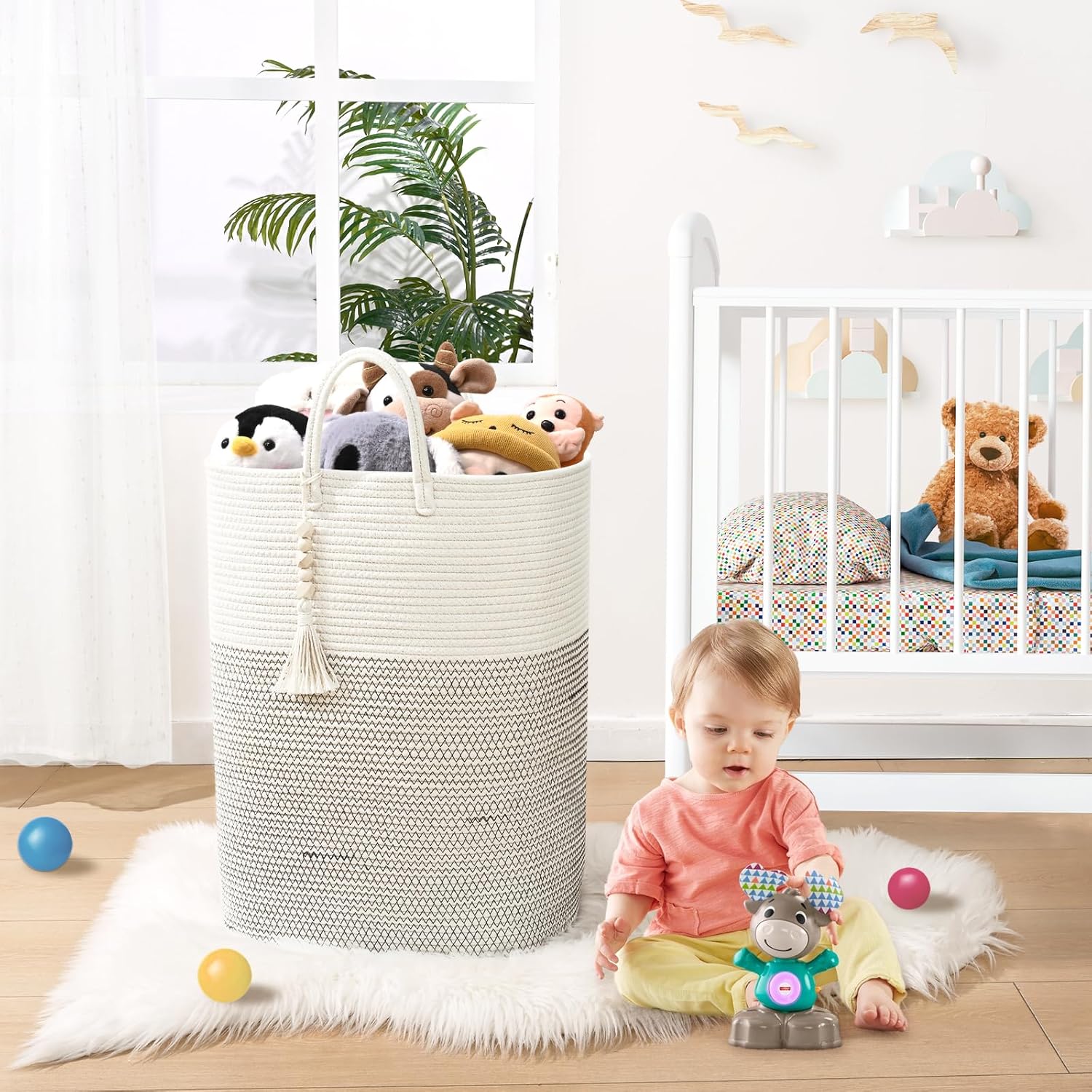Woven Laundry Basket for Clothes, 50 L Large Rectangle Laundry Hampers with Beads Tassel, Nursery