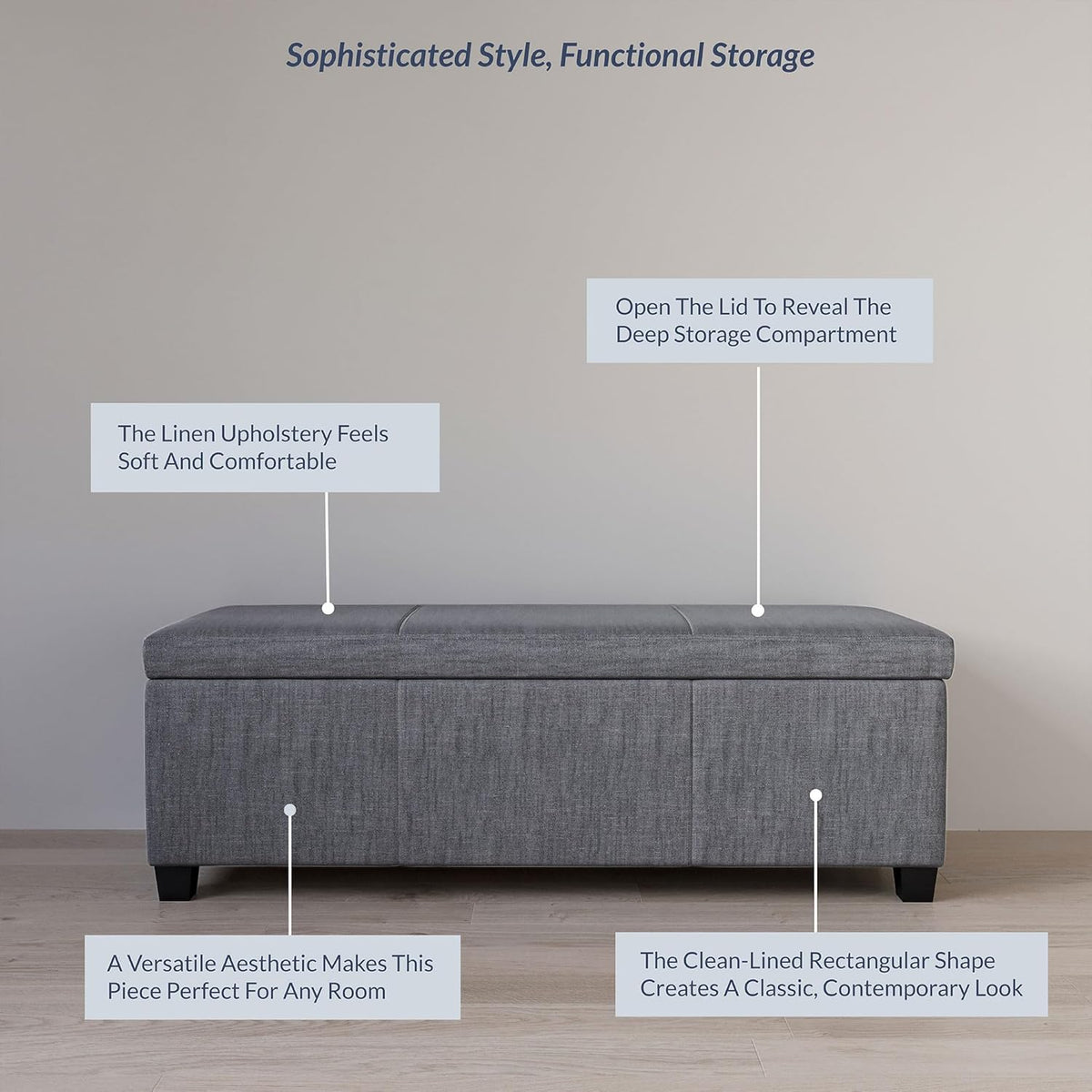 BELLEZE Storage Ottoman, 47 Inch Bench Bedroom Bench with Safety Close Hinge, Extra Long Ottoman