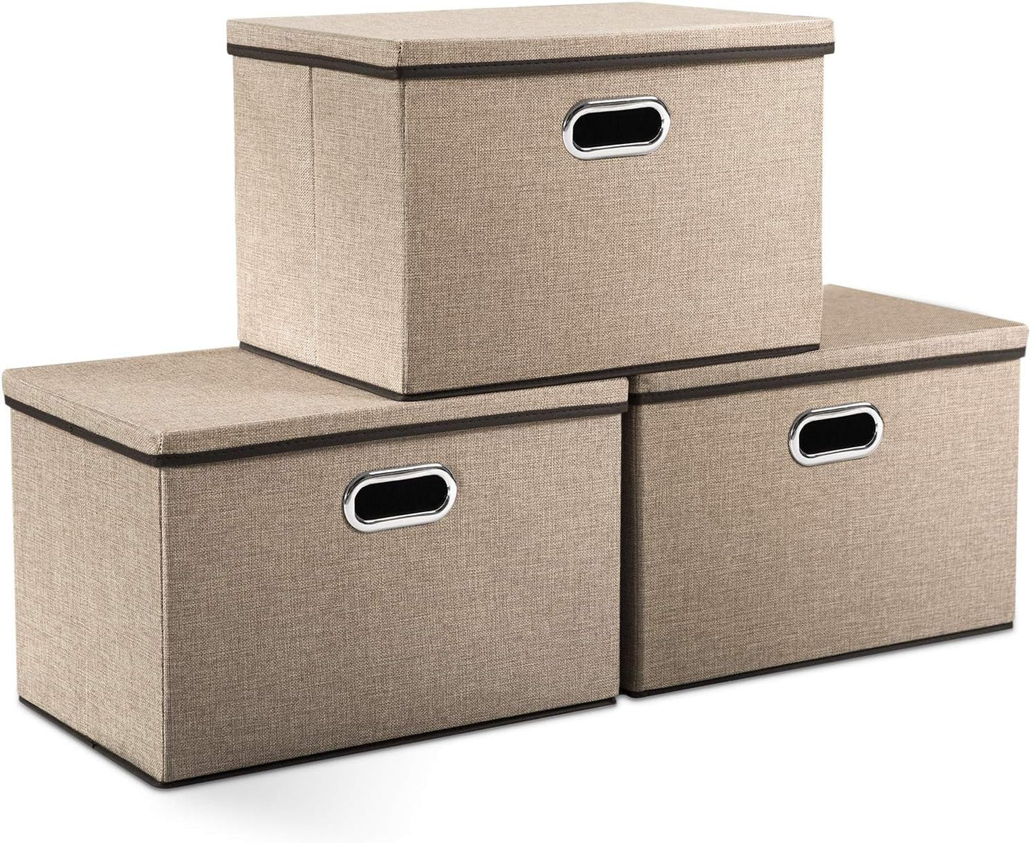 PRANDOM Large Collapsible Storage Bins with Lids [3-Pack] Jute Fabric Foldable Storage Boxes