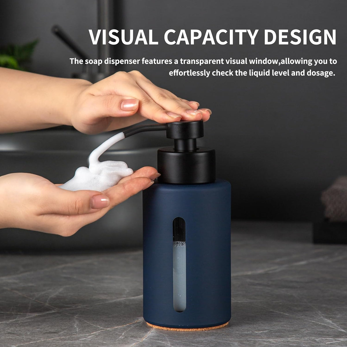 Enra Foaming Soap Dispenser with Window,12oz Blue Kitchen Soap Dispenser with Stainless Steel Hand
