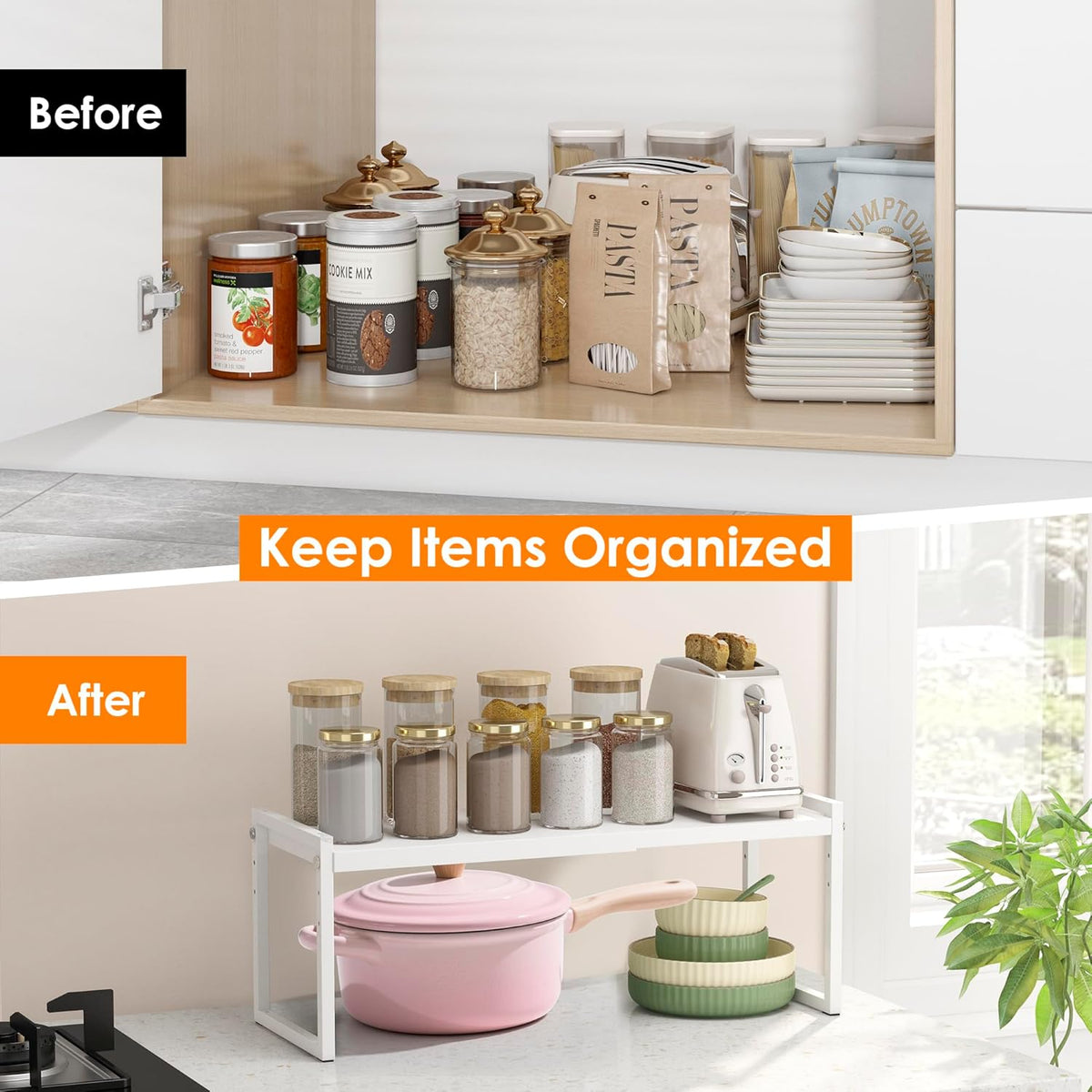 DOLALIKE Expandable Kitchen Countertop Organizer, Stackable Cabinet Shelf Organizers, Space Saving