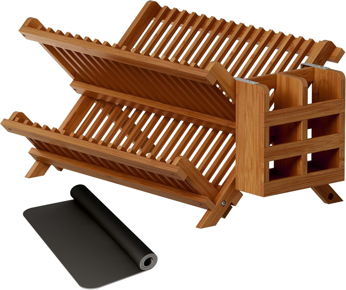 Greenual Teak Dish Drying Rack with Utensil Holder, 2 Tier Collapsible Dish Rack, Wooden Dish Racks