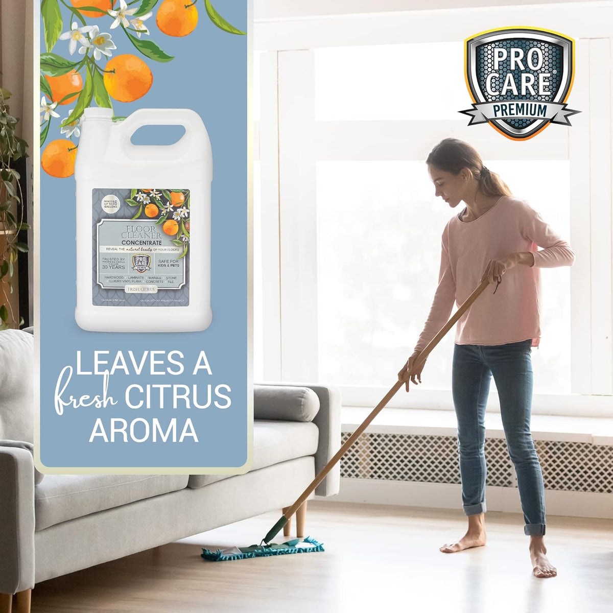 ProCare Citrus Floor Cleaner Concentrate (Made in USA) | Vinyl, Wood, Tile, Stone & Laminate Floor