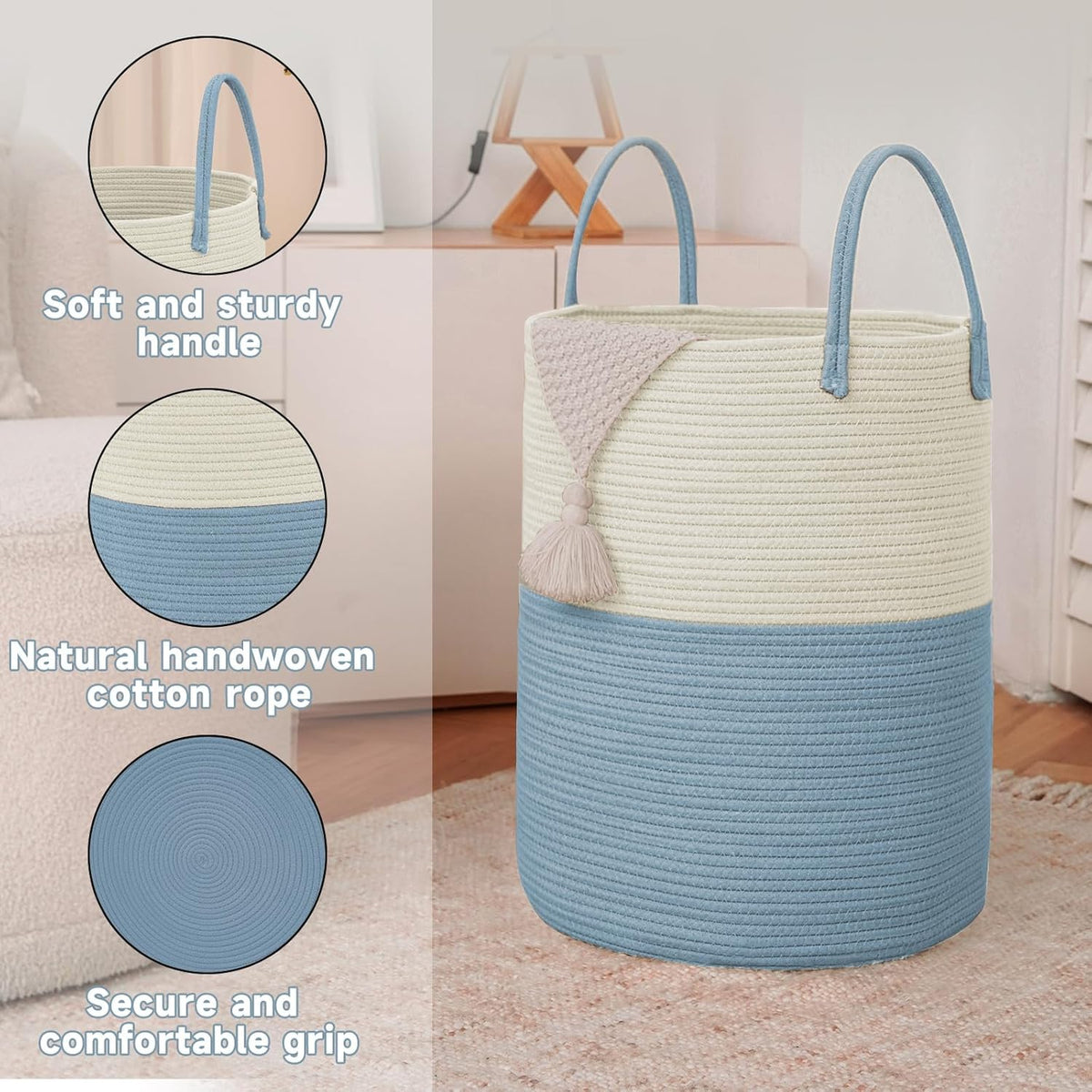 Large Woven Laundry Basket Hamper,60L Cotton Rope Storage Bin for Blankets,Toys and