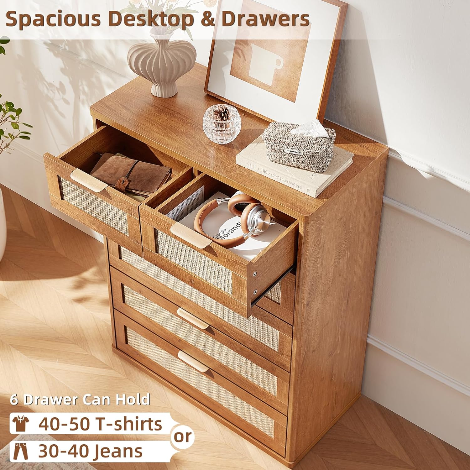 LEYAOYAO Rattan Dresser for Bedroom Set of 2, 42" Tall Chest of Drawers, Modern 6 Drawers Boho