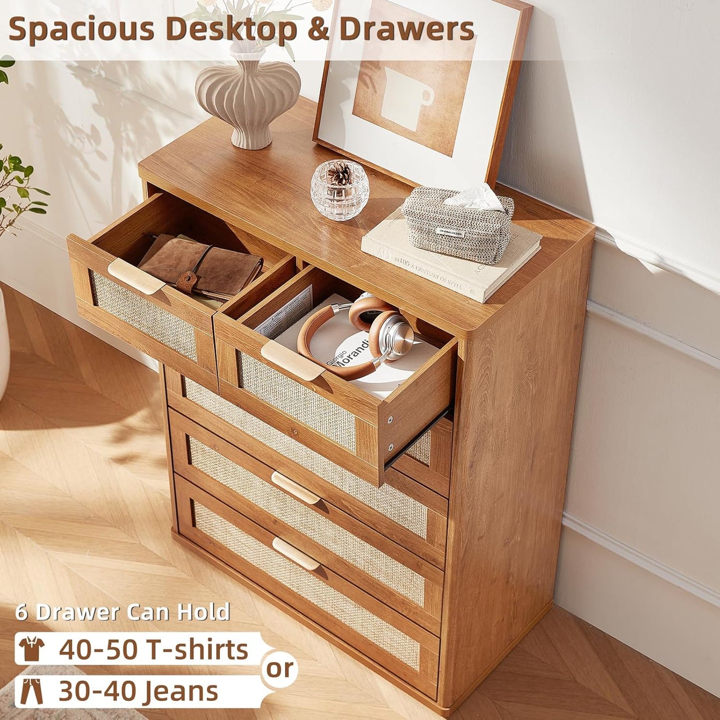 LEYAOYAO Rattan Dresser for Bedroom, 42" Tall Chest of Drawers, Modern 6 Drawers Boho Dressers with
