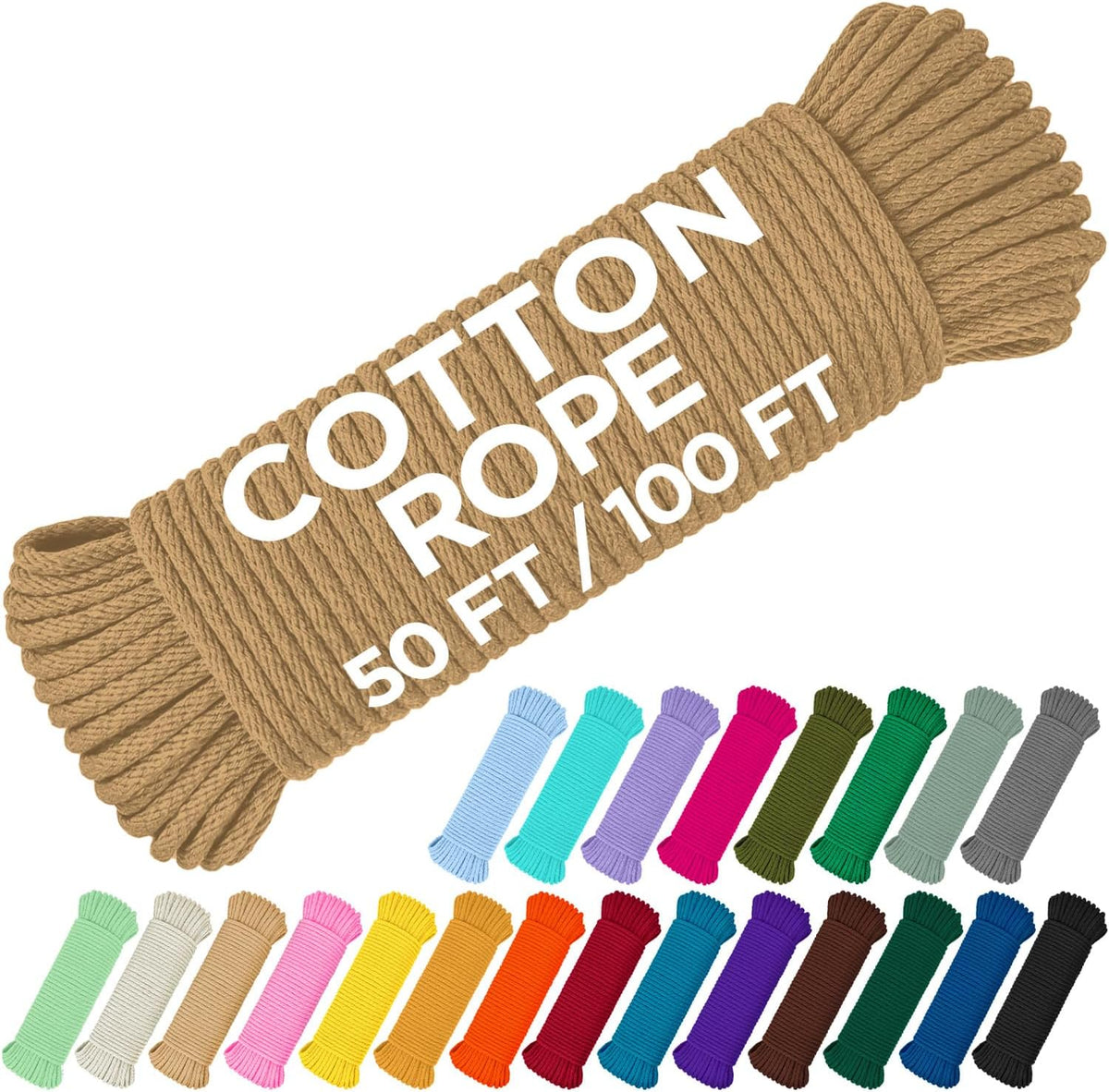 TECEUM Cotton Rope 3/16” (5 mm) – 100 FT – Strong All-Purpose Braided Rope – Natural Cotton – for