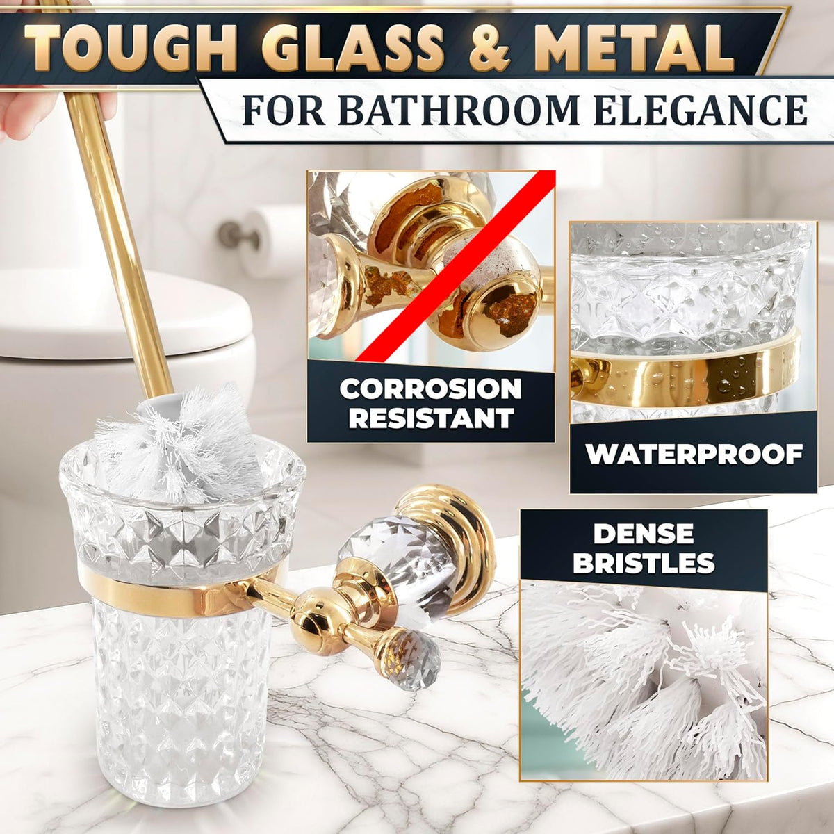 Gold Stainless Steel Toilet Brush with Crystal Toilet Brush Holder Set – Wall Mounted Holder